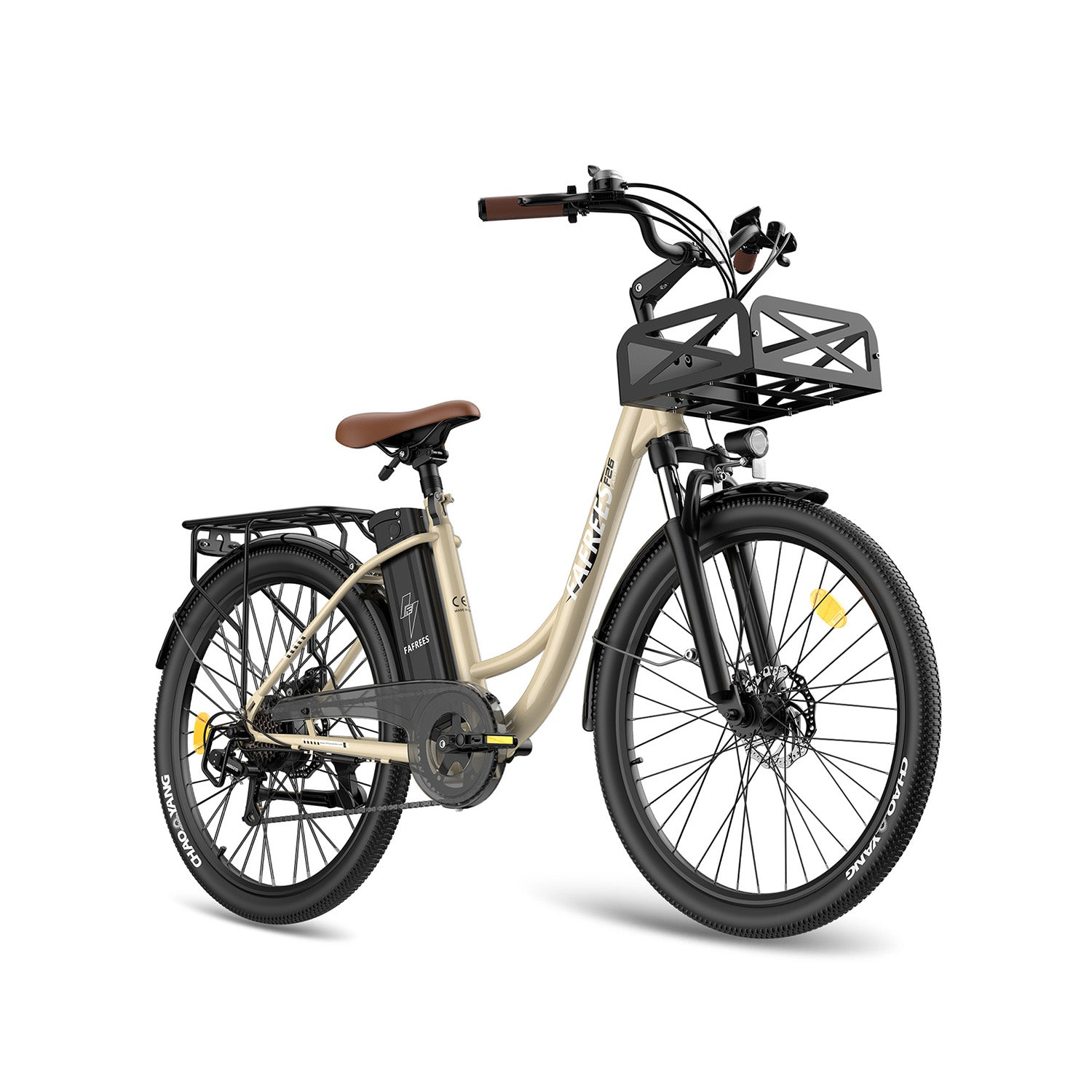 Una bicicleta eléctrica beige con cesta delantera y portaequipajes negros.