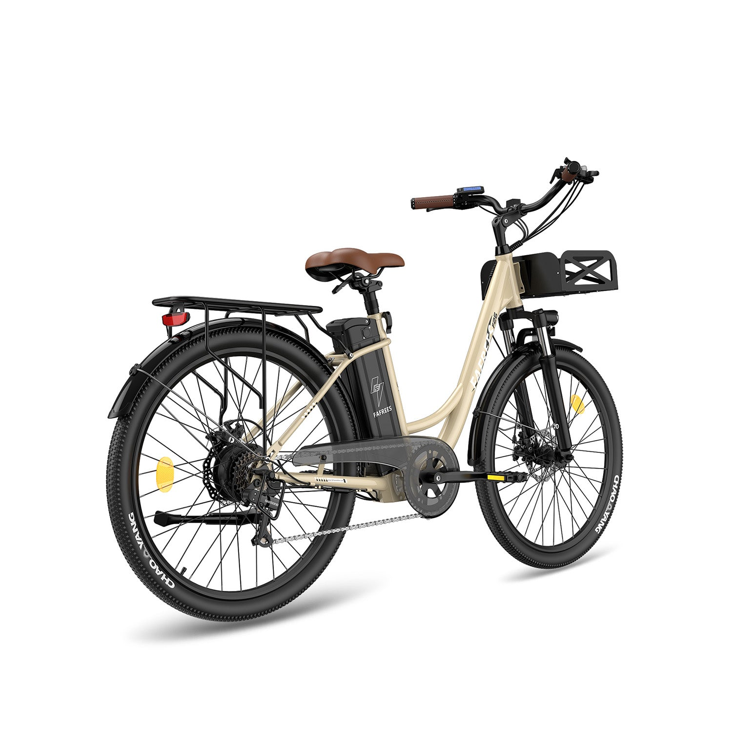 Una bicicleta eléctrica beige con detalles marrones, una cesta y fondo blanco.