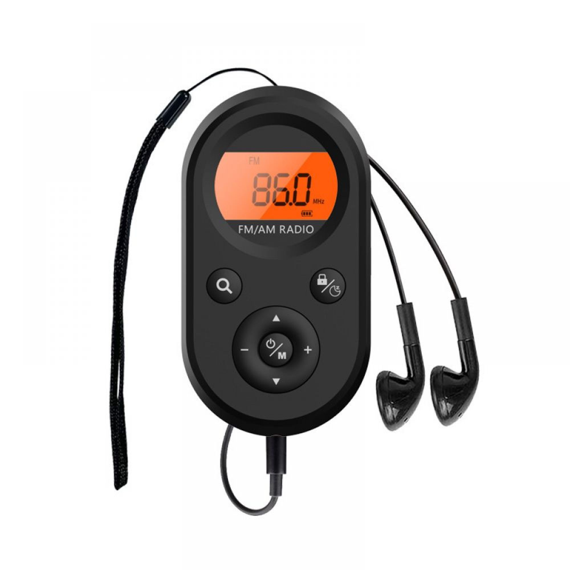 Schwarzer FM/AM-Radio-Player mit Kopfhörern und Lanyard. Anzeige zeigt 86.0 MHz.