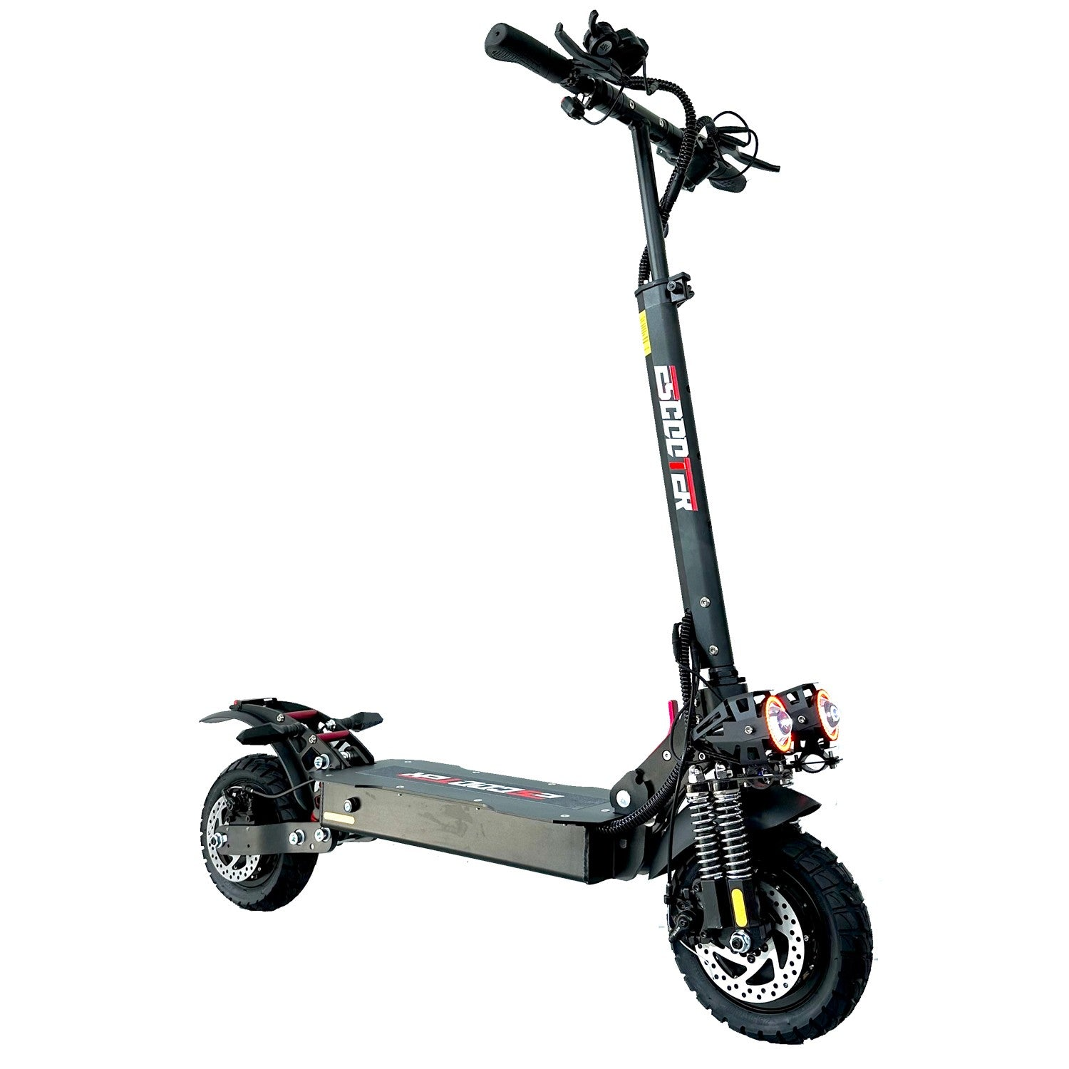 Uno scooter elettrico nero con pneumatici larghi e doppi fari.