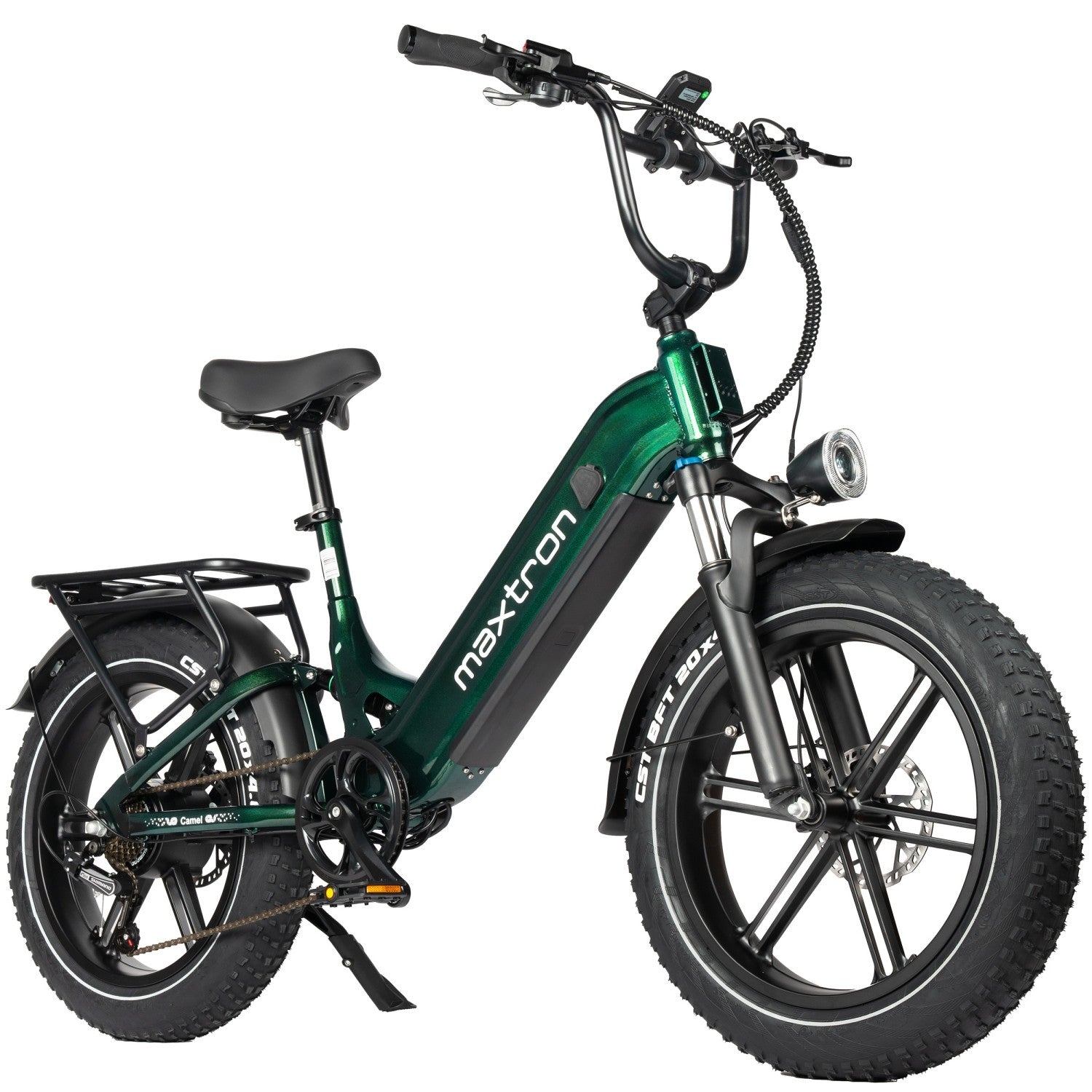 Bicicletta elettrica Maxtron verde con pneumatici larghi e portapacchi posteriore.