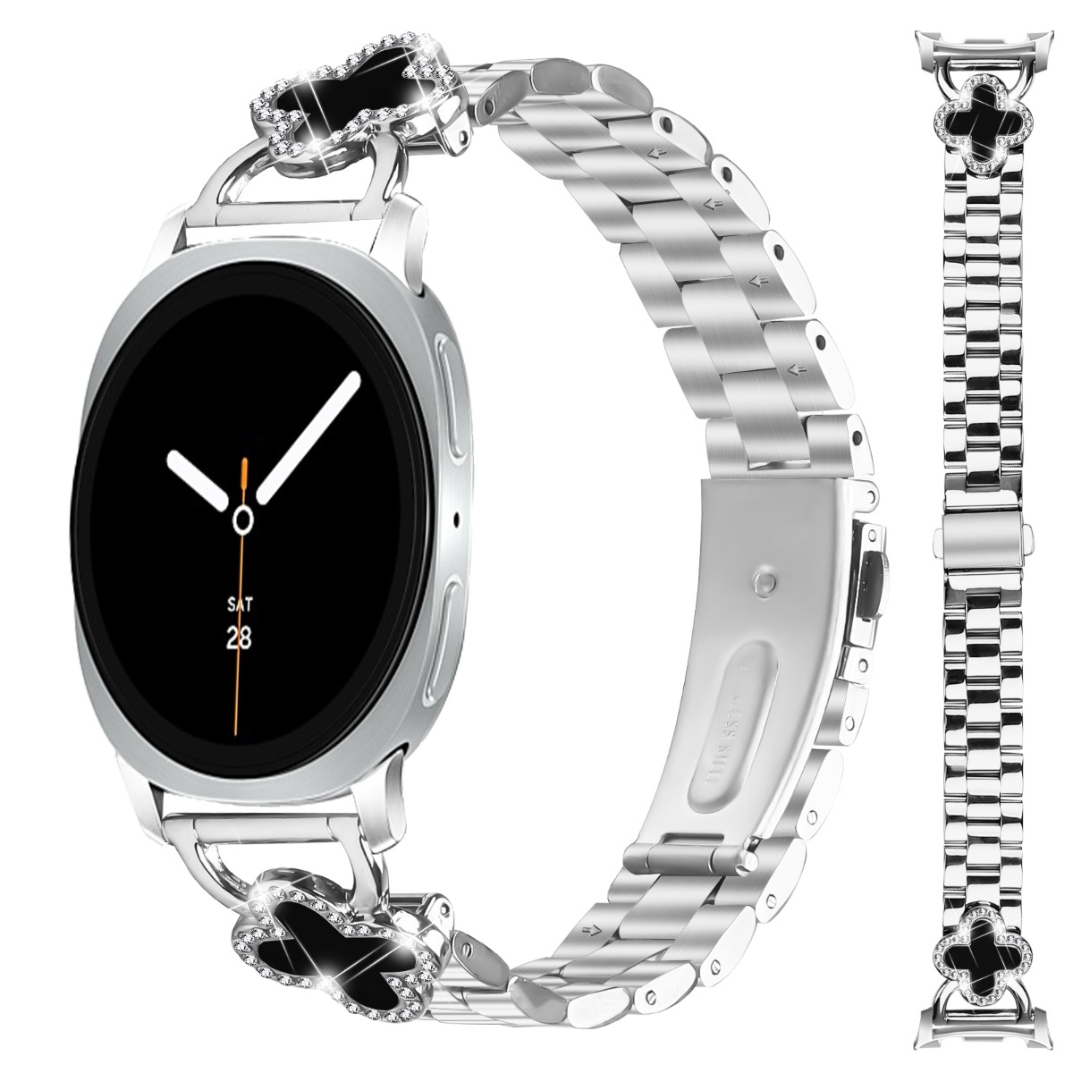 Bracciale argento per smartwatch con ciondoli quadrifoglio scintillanti e dettaglio nero.