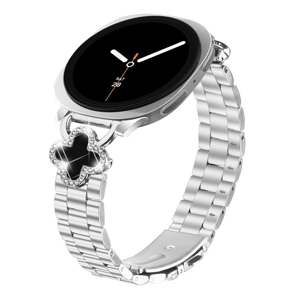 Smartwatch argento con quadrante nero e ciondolo a forma di quadrifoglio.