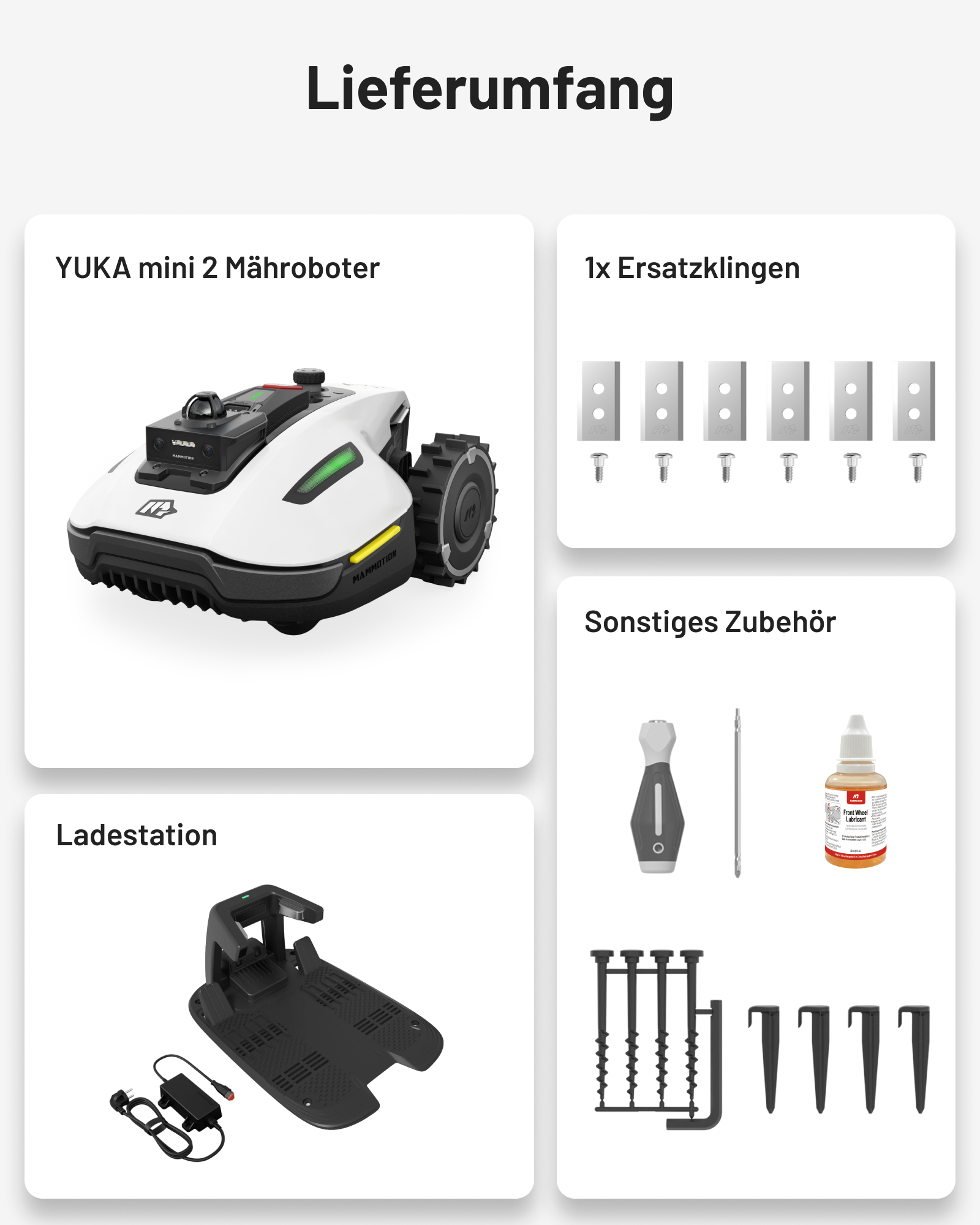Lieferumfang: Mähroboter, Ladestation, Ersatzklingen, Werkzeug, Schmiermittel, Befestigungsmaterial.