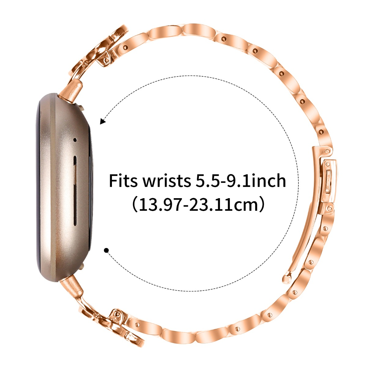 Roségold-Uhrenarmband passt an Handgelenke von 13,97-23,11 cm.