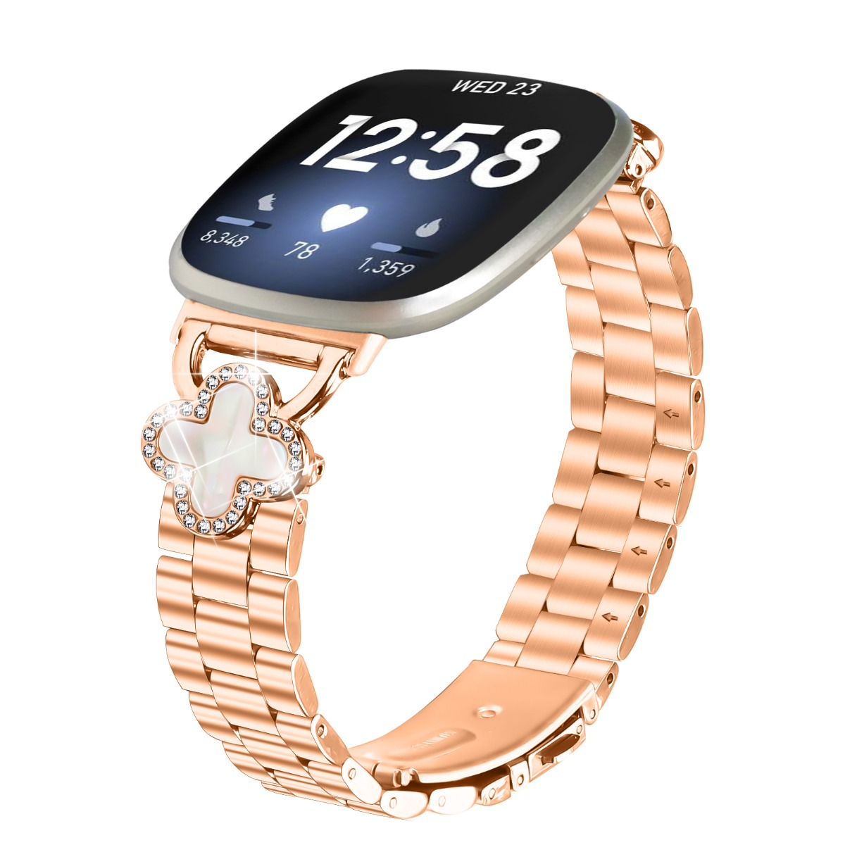 Rosegoldene Smartwatch mit Clover-Anhänger und Diamanten. Uhrzeit 12:58.