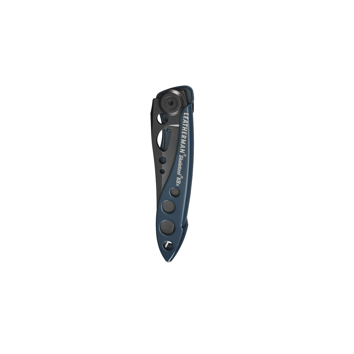 Ein dunkelblauer Leatherman Skeletol KBx Multitool mit Lochdesign, auf weißem Hintergrund.