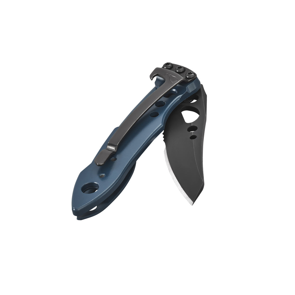 Ein blauer Klappmesser mit schwarzer Klinge und Clip, auf weißem Hintergrund.