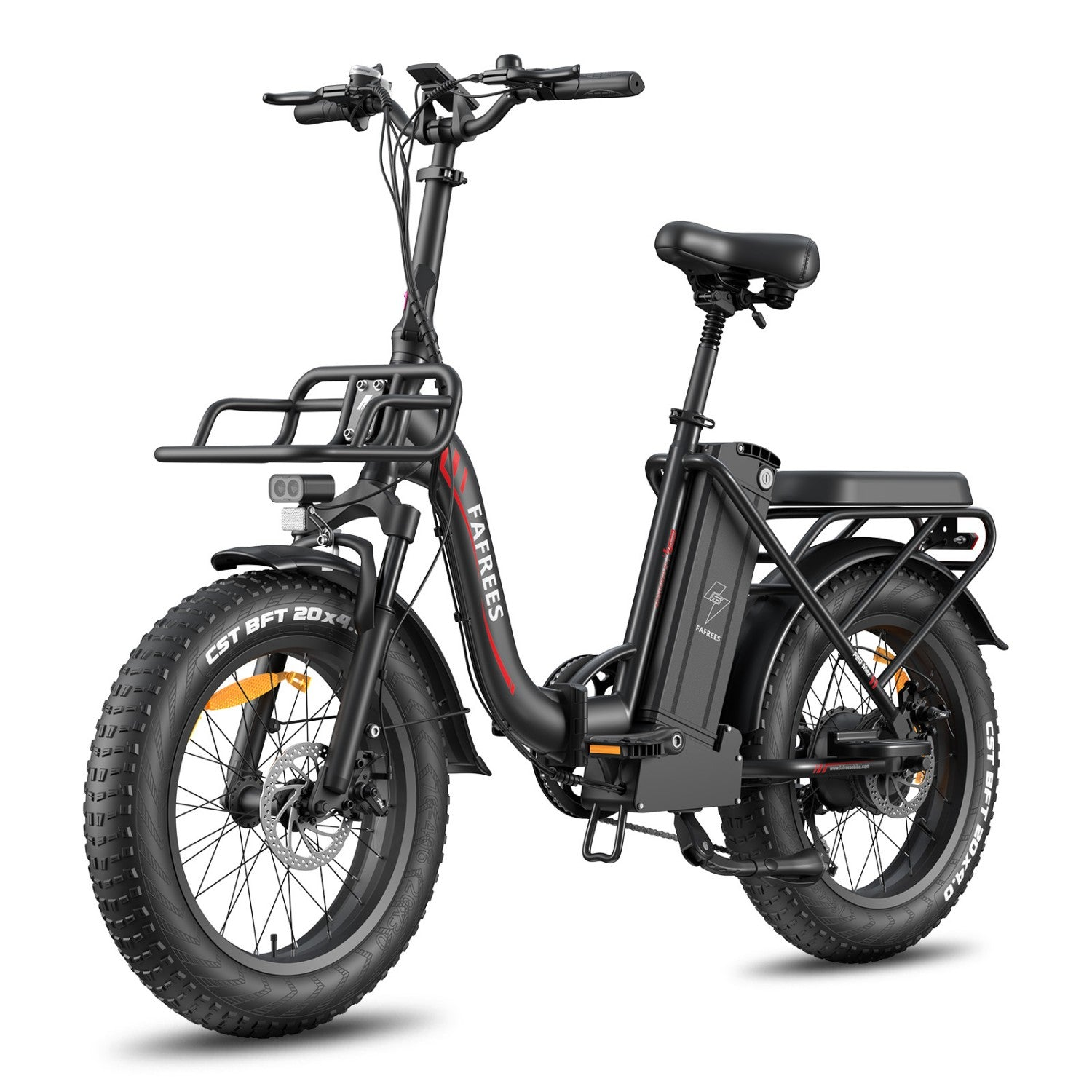 Bicicletta elettrica nera con copertoni larghi, portapacchi anteriore e posteriore.