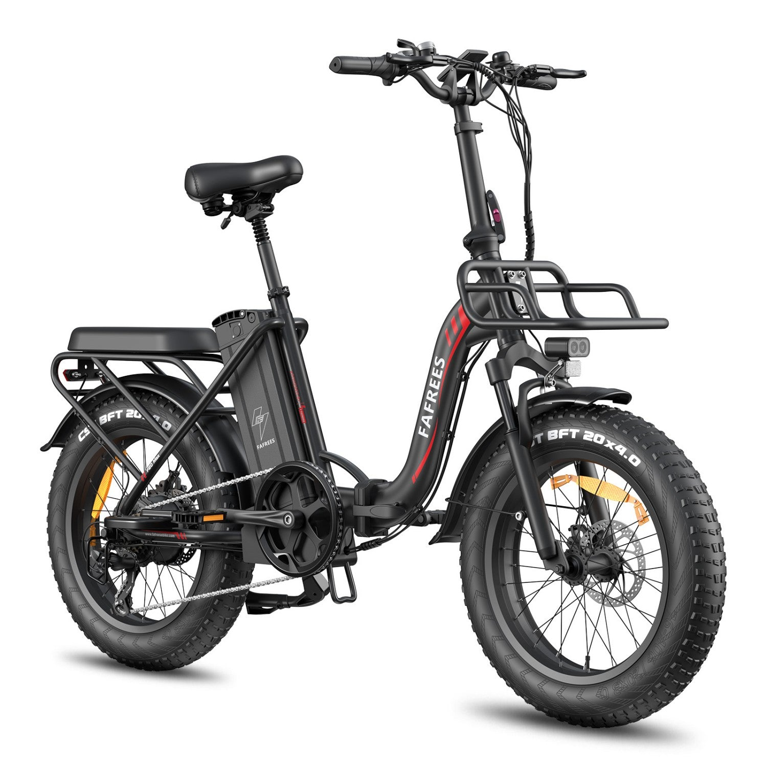 Bicicletta elettrica nera con pneumatici larghi, portapacchi anteriore e cestino.