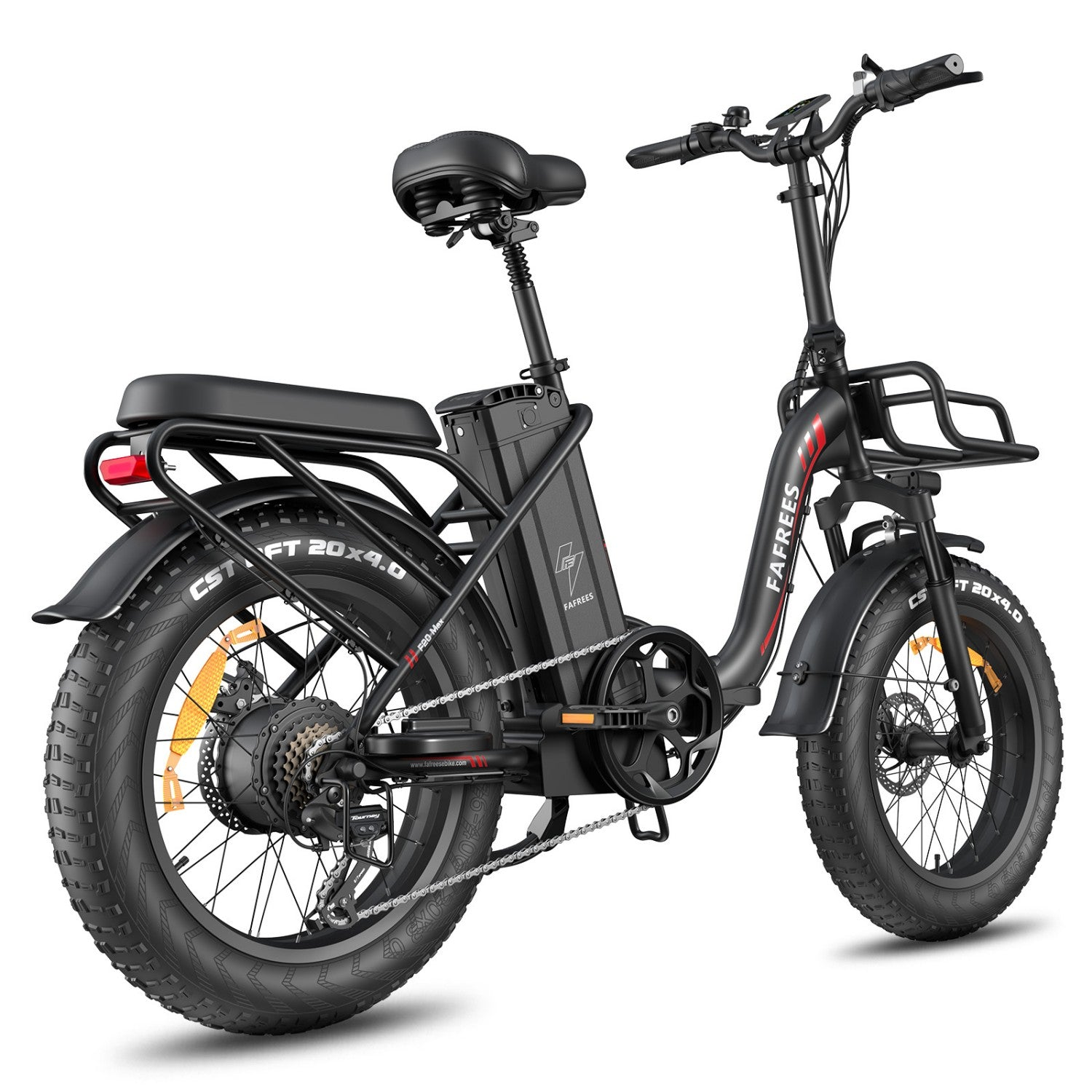 Bicicletta elettrica nera con pneumatici larghi, cestino anteriore e portapacchi.