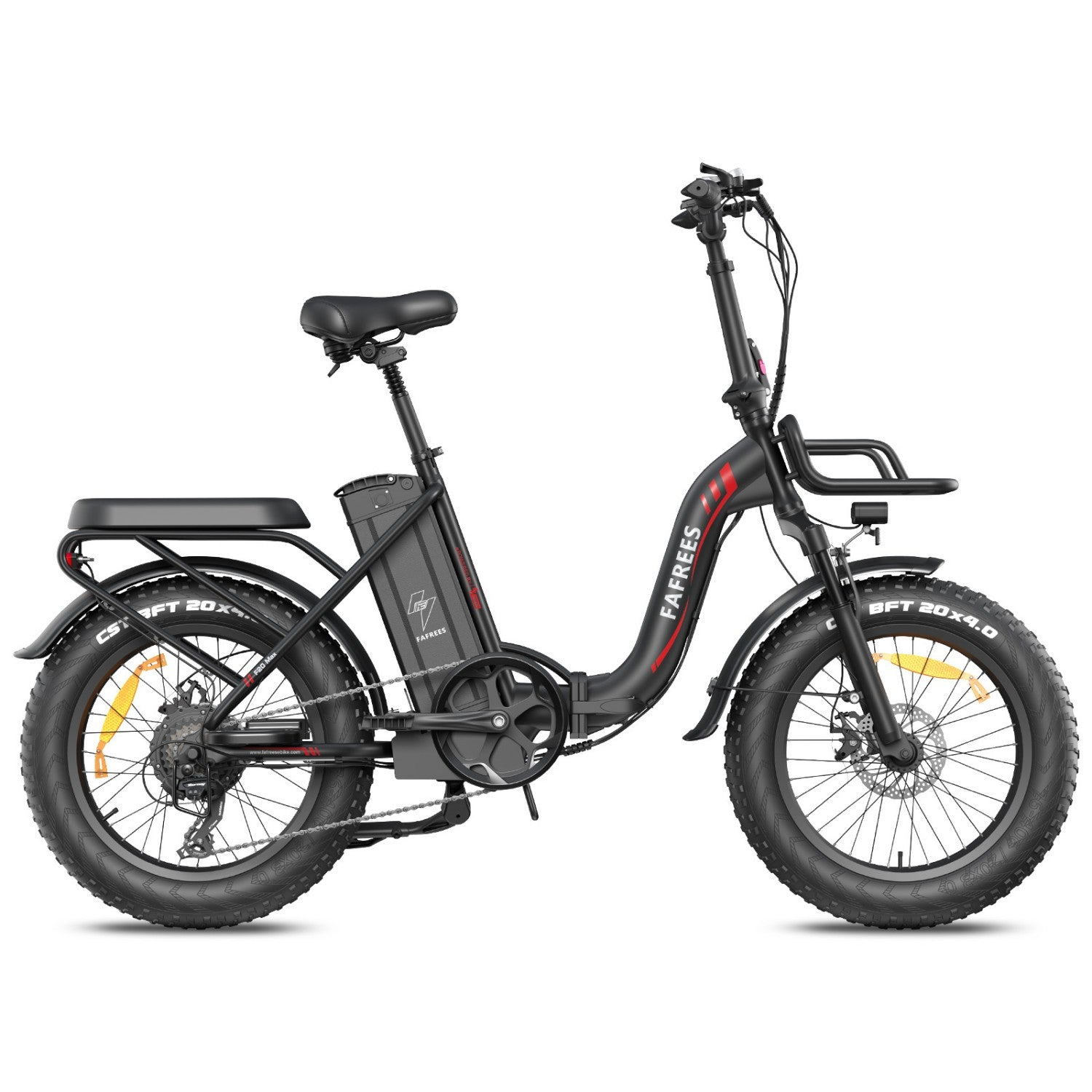 Bicicletta elettrica pieghevole nera con pneumatici grassi, parafango, portapacchi anteriore.