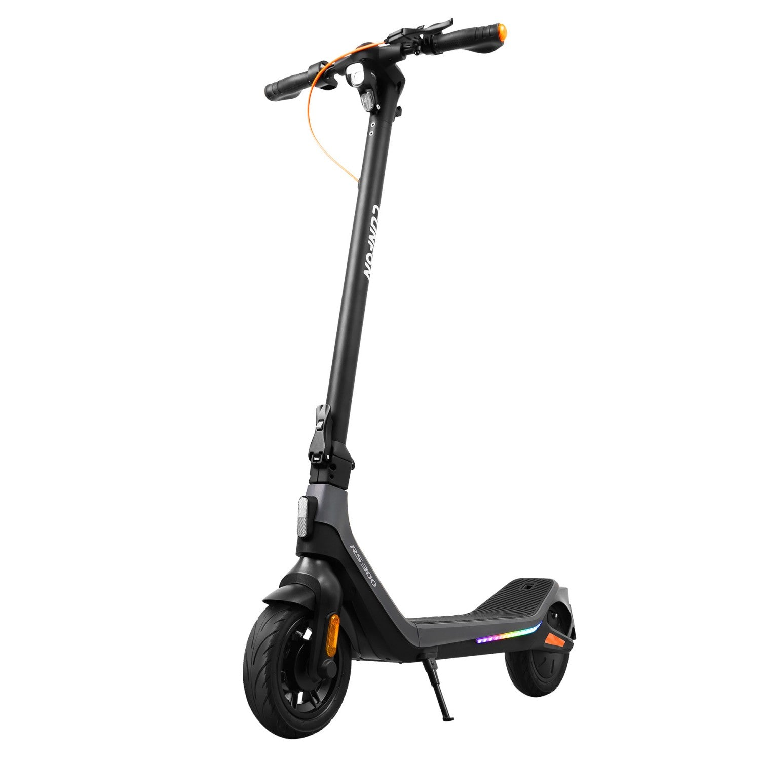 Monopattino elettrico nero con accenti arancioni e luci LED colorate sul piano.