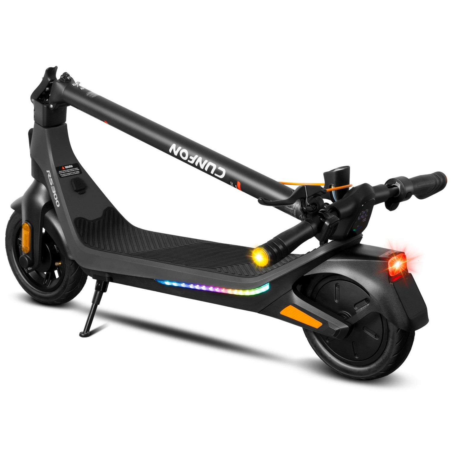 Monopattino elettrico nero con luci e logo.