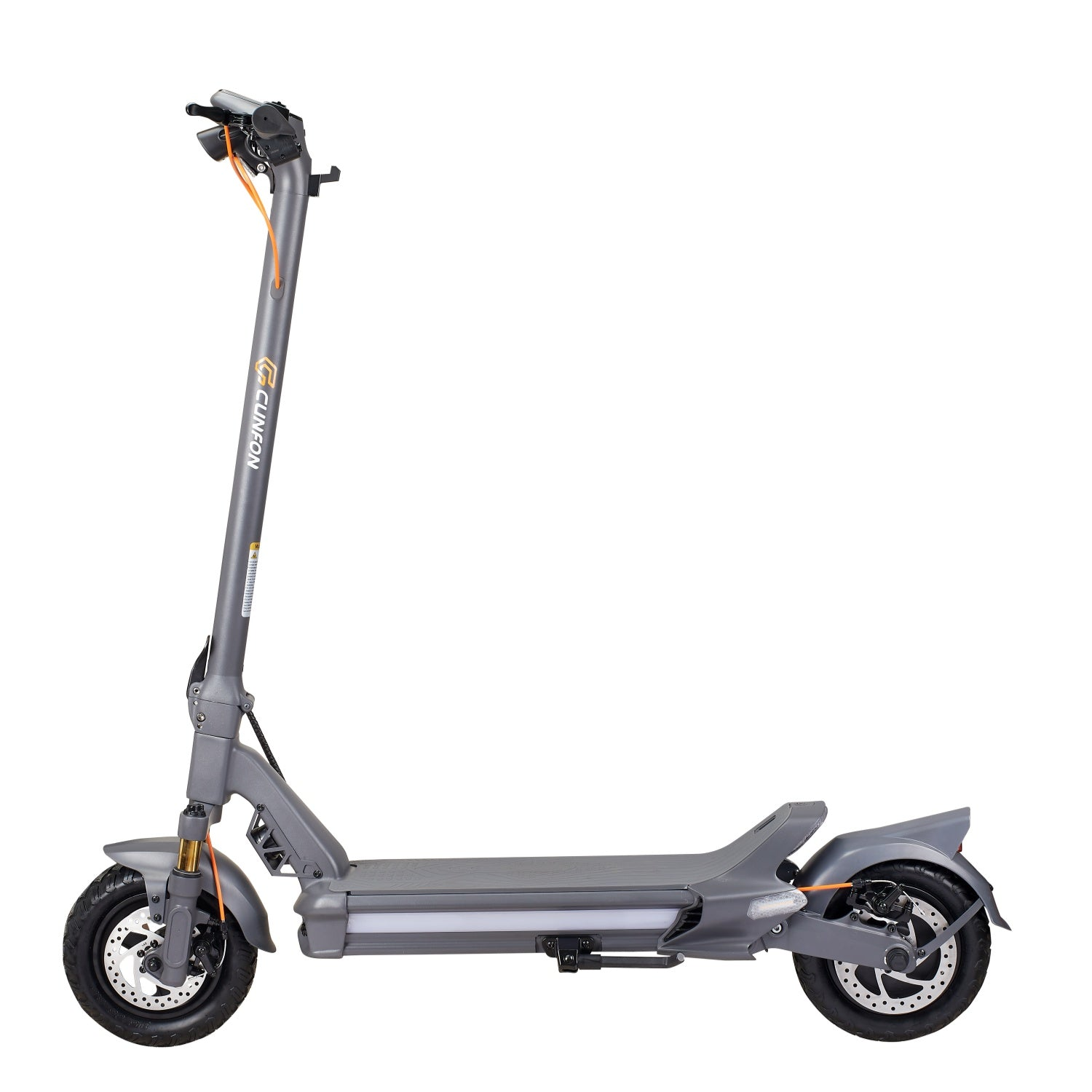 Un monopattino elettrico grigio con ruote nere e accenti arancioni, visto di lato.