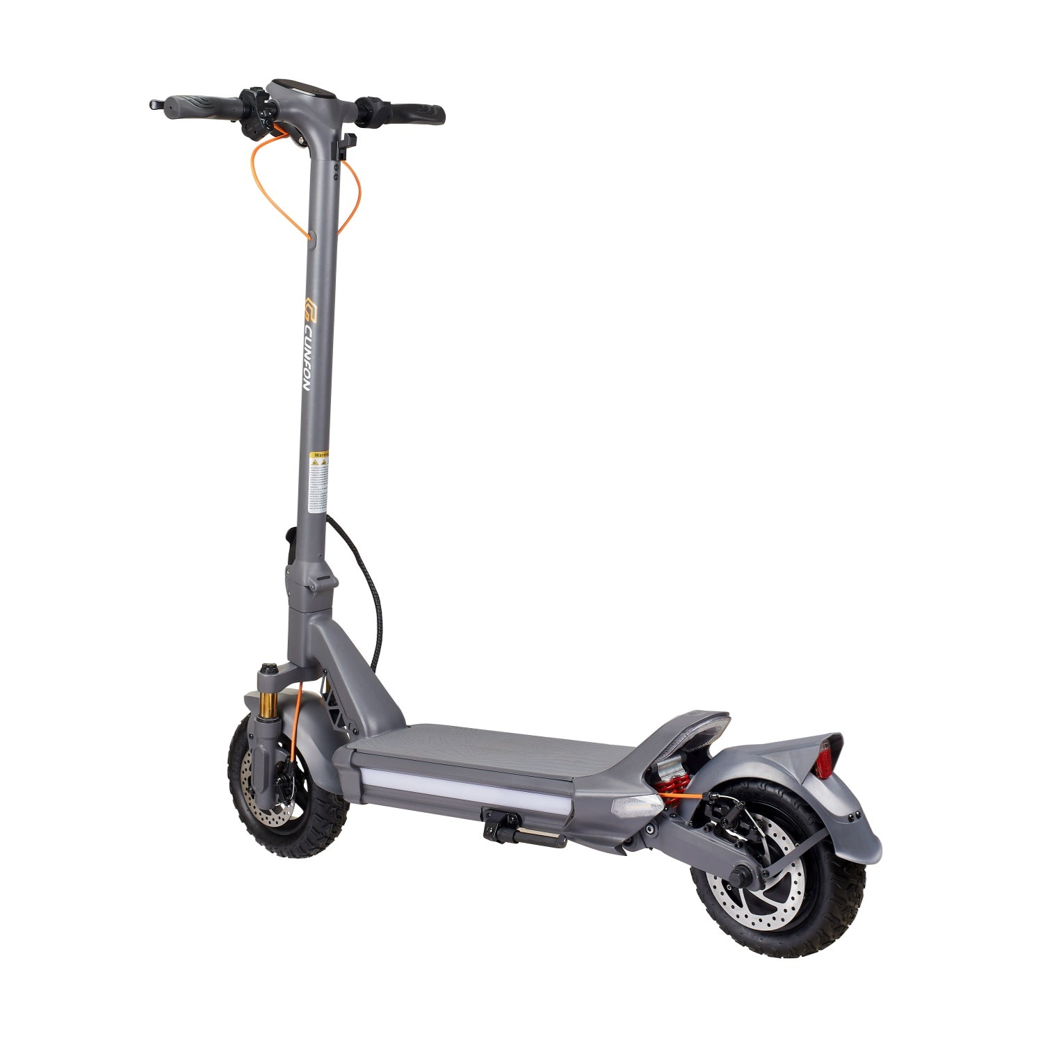 Un monopattino elettrico grigio con ruote nere e accenti arancioni, su sfondo bianco.