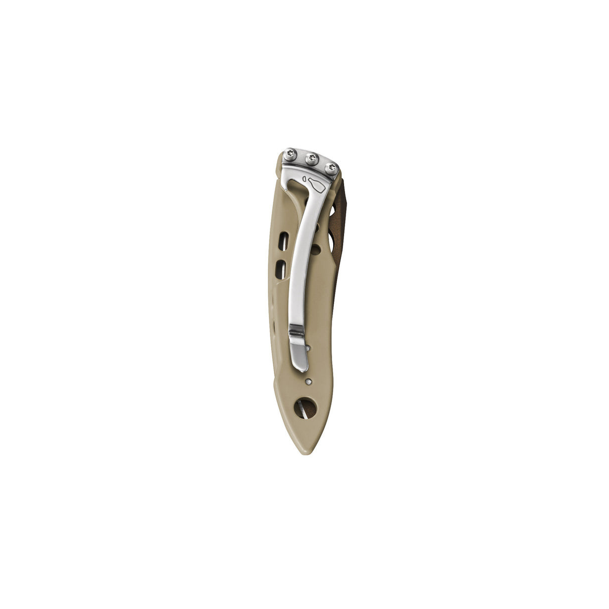 Ein khaki Klappmesser mit silbernem Clip, auf weißem Hintergrund.