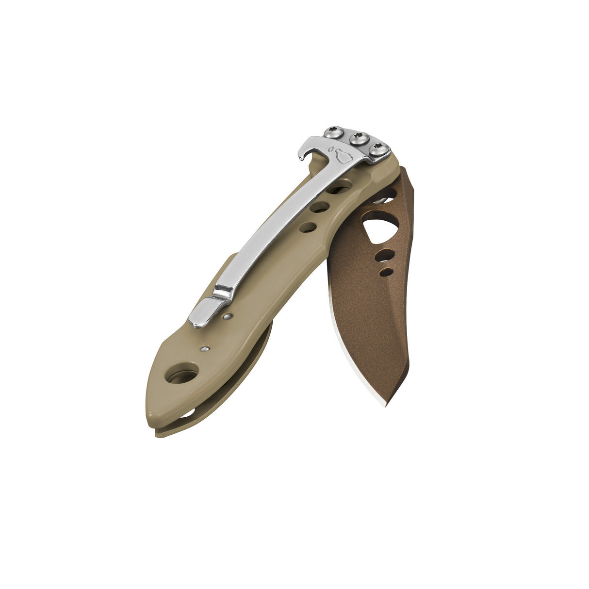 Ein Klappmesser mit brauner Klinge und braunem Griff mit einem silbernen Clip.