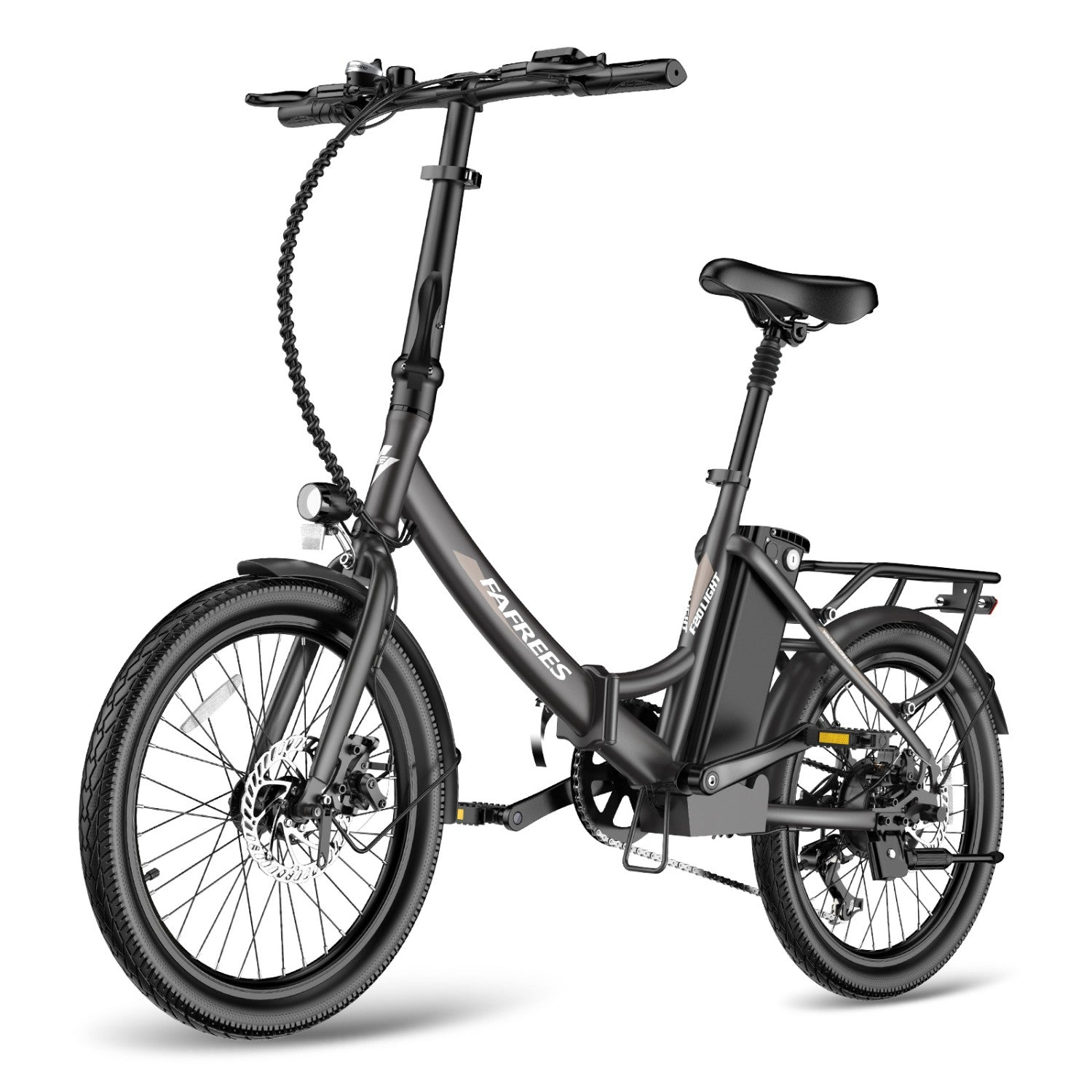 Una bicicletta elettrica pieghevole nera con portapacchi posteriore e freno a disco anteriore.