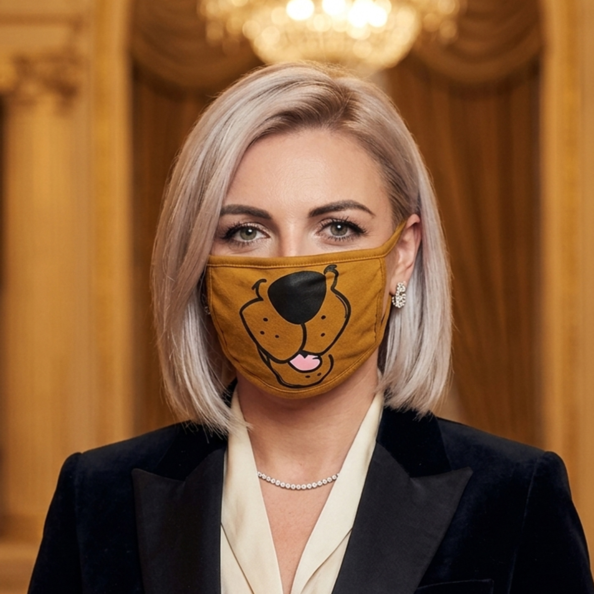 Eine Frau mit blondem Haar trägt eine braune Gesichtsmaske mit Scooby-Doo-Design.