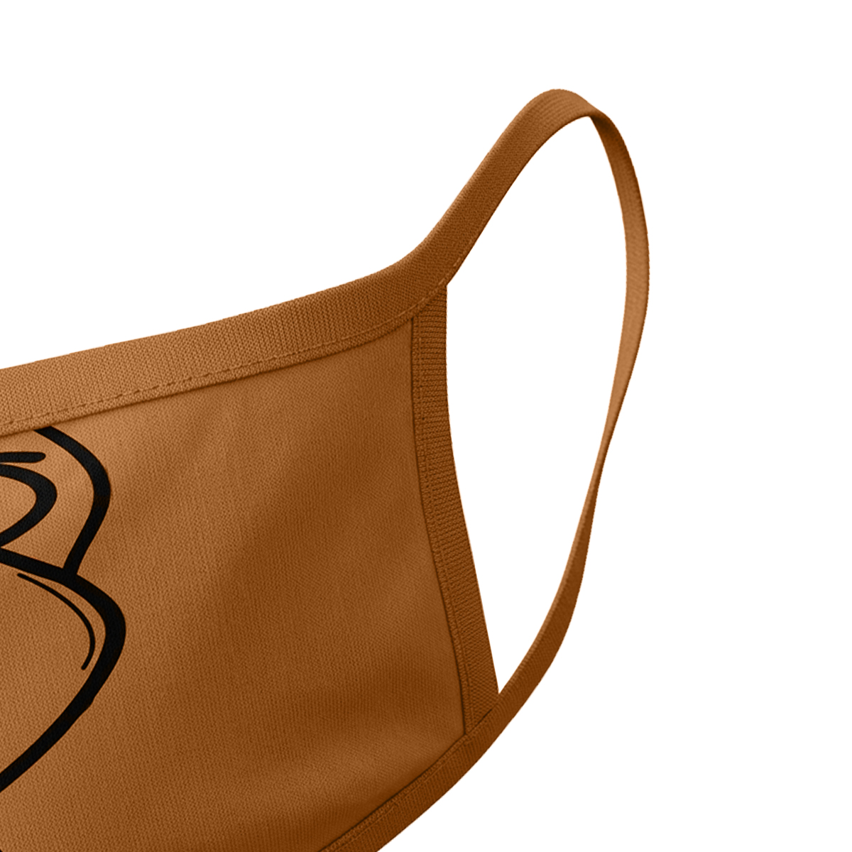 Braune Stoffmaske mit schwarzem Muster und Ohrbügeln.