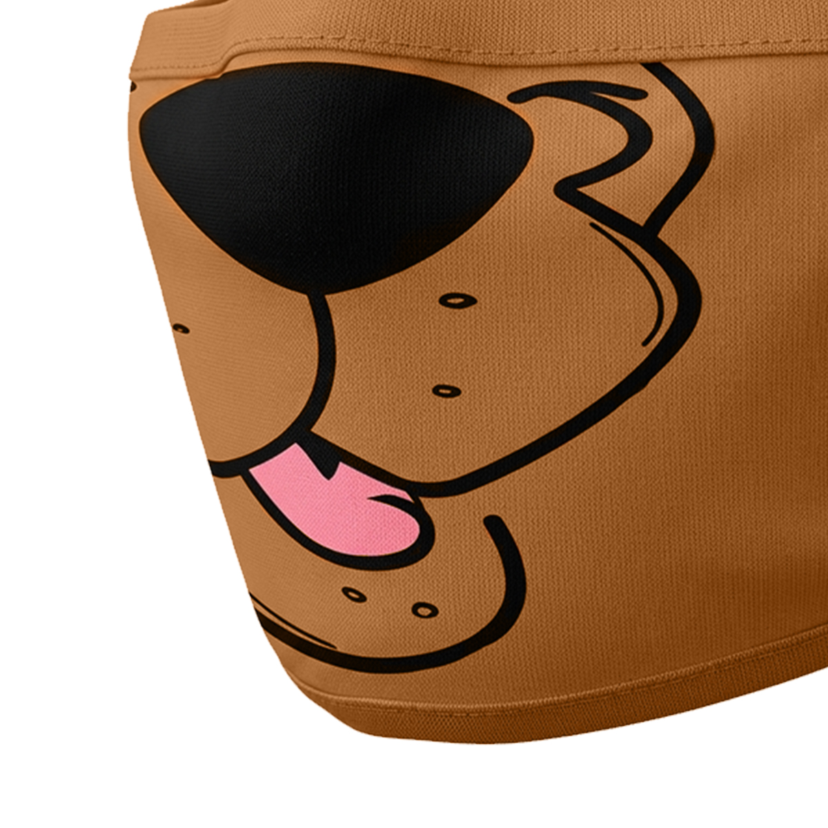 Braune Maske mit Scooby-Doo-Gesichtsdruck, schwarze Nase, rosa Zunge.