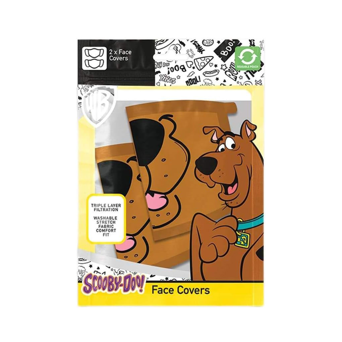Packung mit Scooby-Doo-Gesichtsbedeckungen mit dreifacher Filterung.