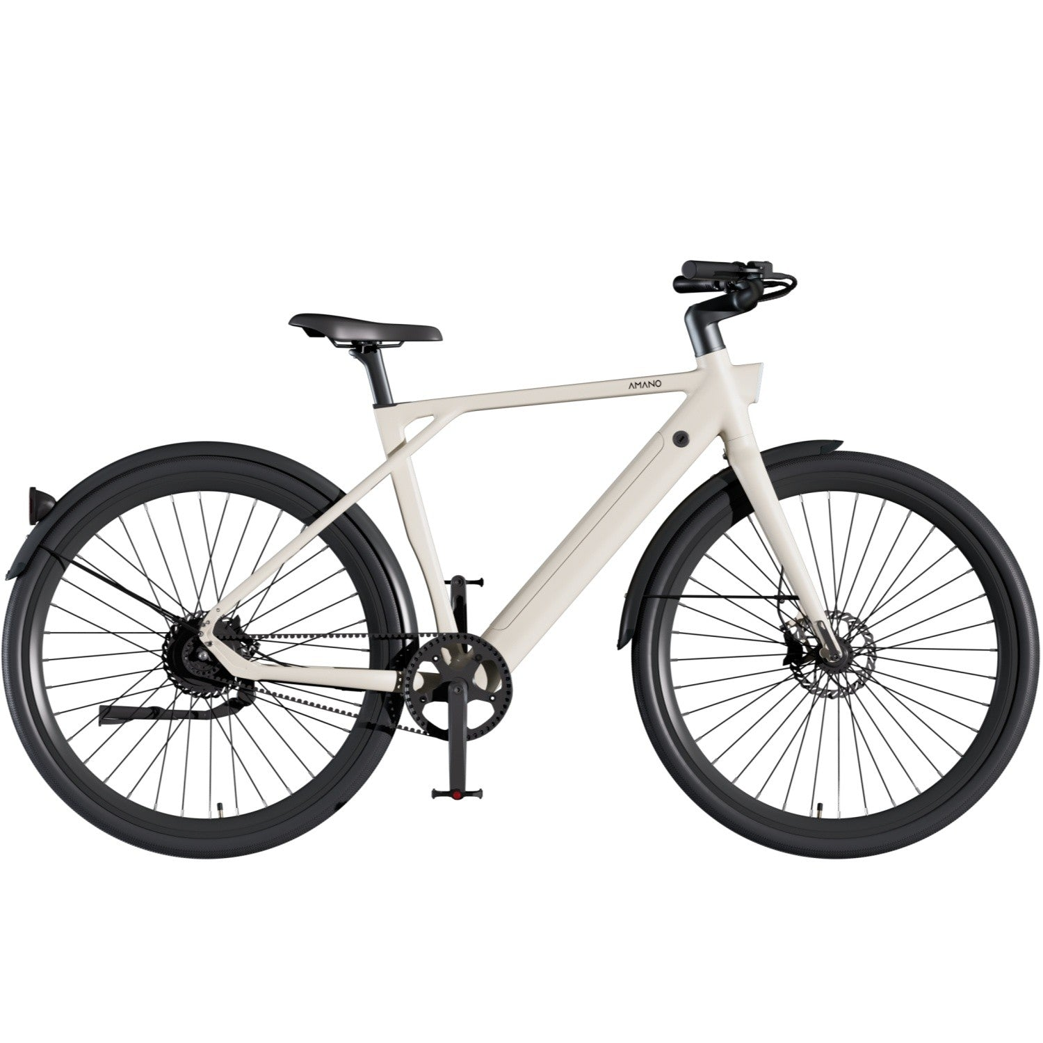 Una bicicleta beige claro con ruedas negras y transmisión por correa.