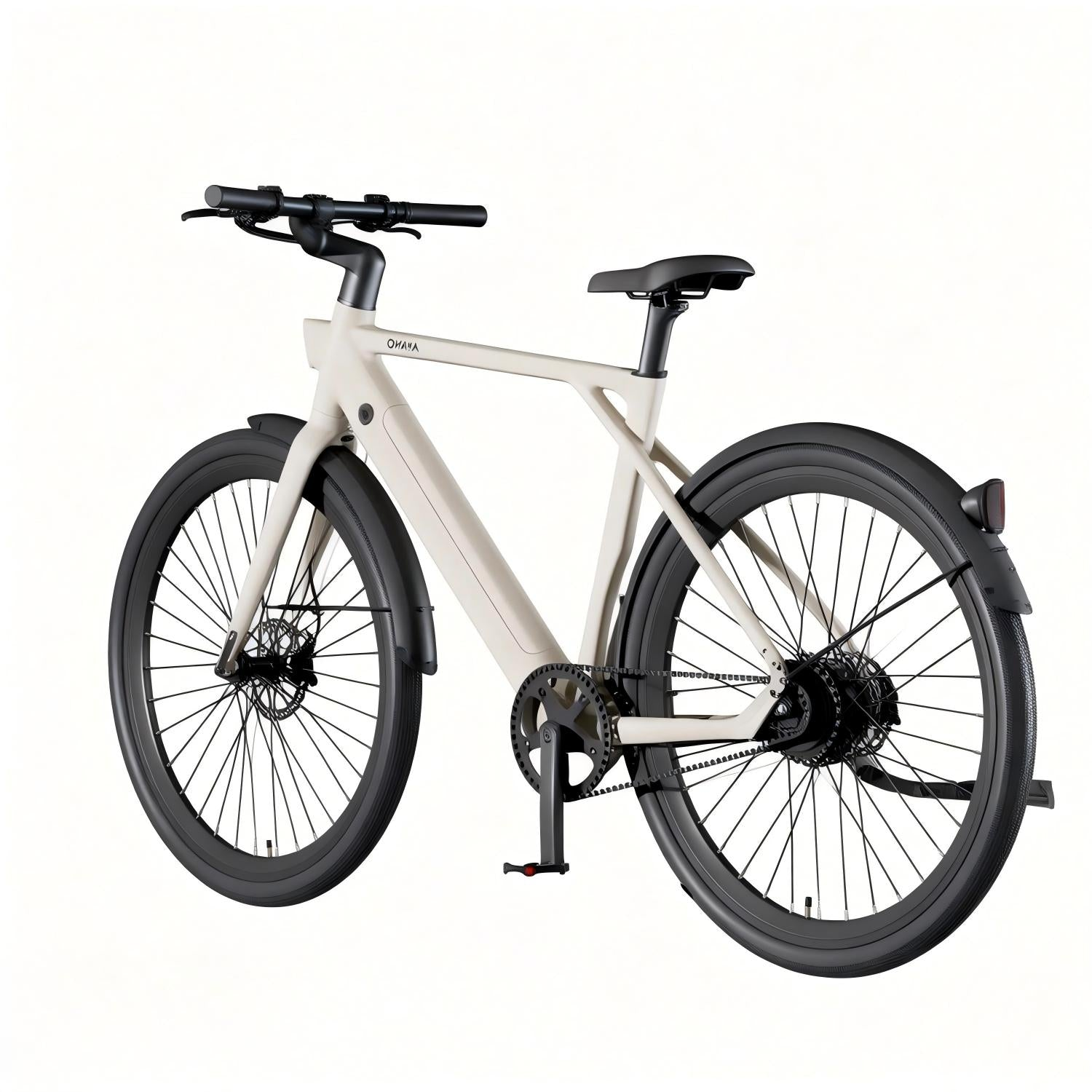 Una bicicleta eléctrica color crema con ruedas, asiento y manillar negros, sobre fondo blanco.