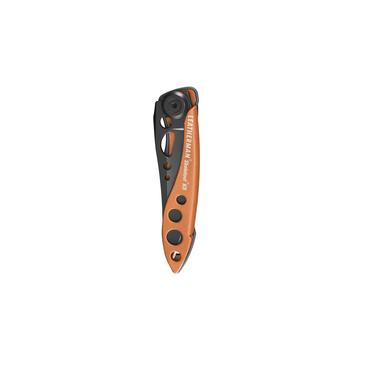 Ein orangefarbenes Klappmesser mit schwarzem Griff und sichtbaren Schrauben.
