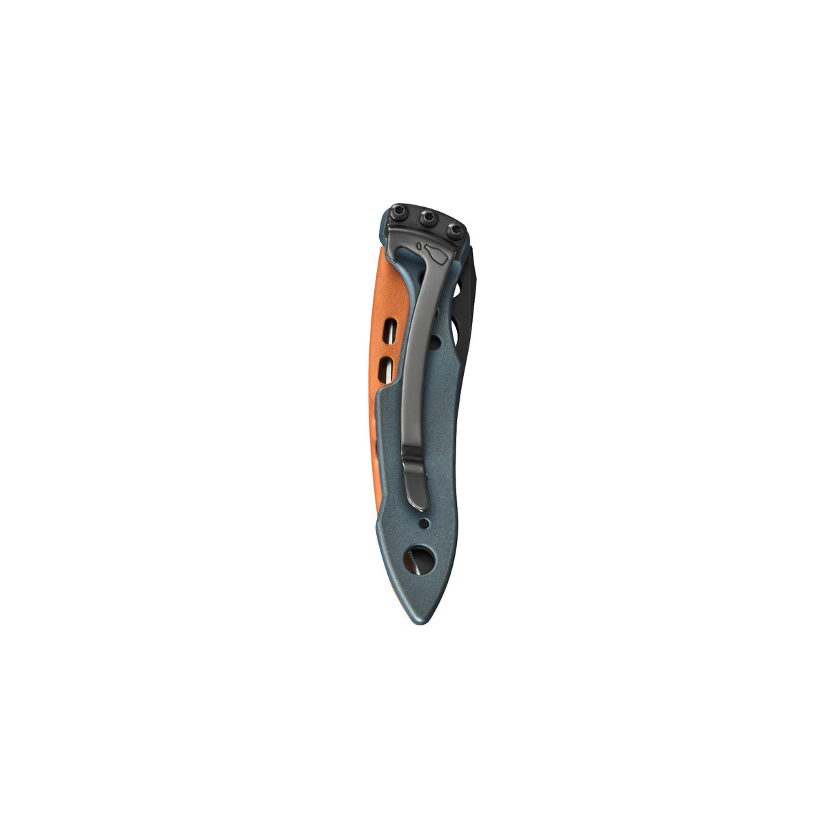 Ein Klappmesser mit orangefarbenem Griff und grauer Klinge, auf weißem Hintergrund.