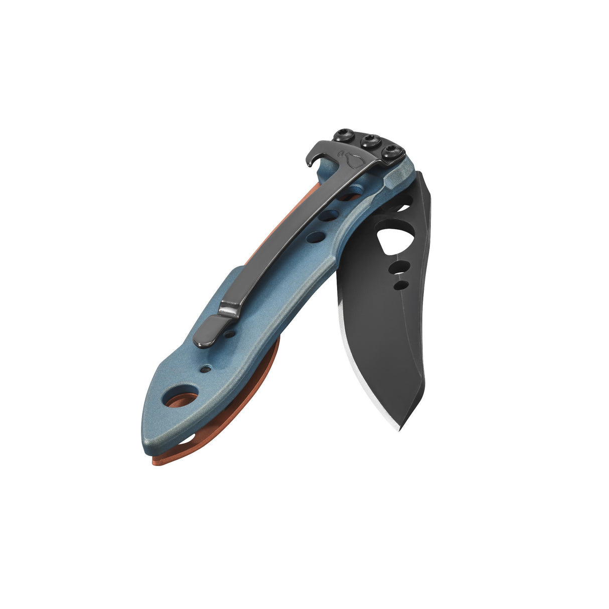 Ein blaues Klappmesser mit schwarzer Klinge und silbernem Clip.