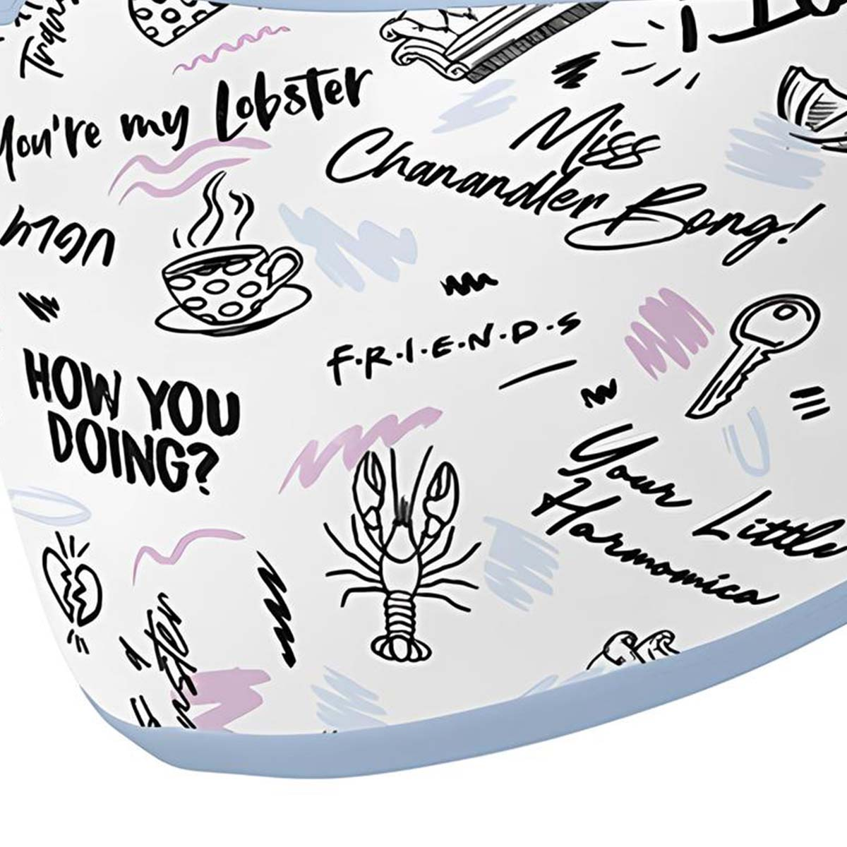 Friends TV-Show-Doodles: Hummer, Kaffee, Schlüssel, Mundharmonika, Text.