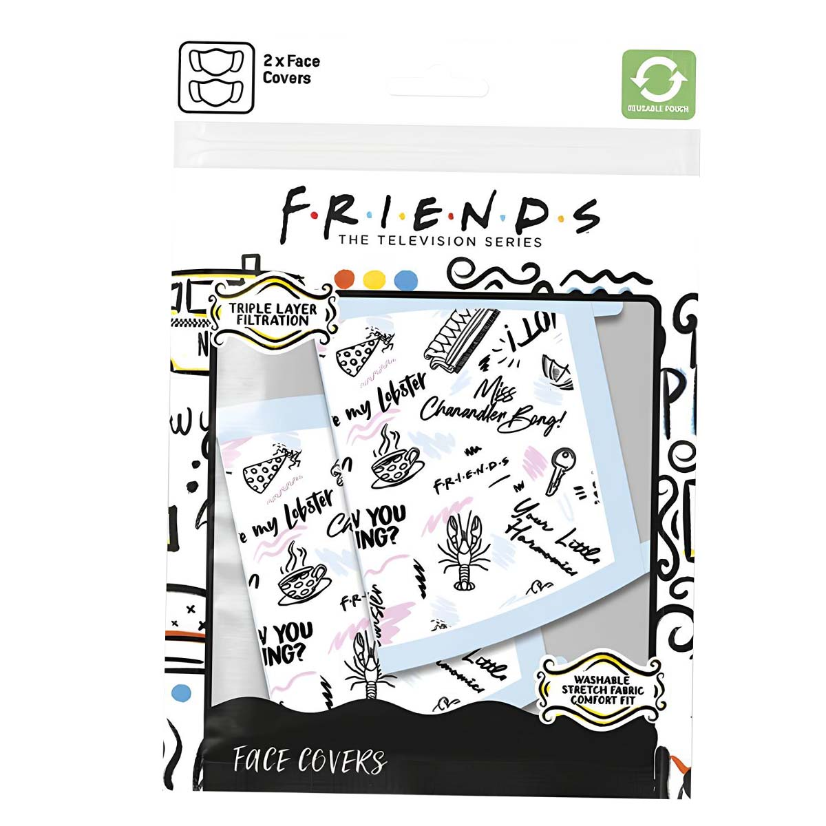Verpackung von F.R.I.E.N.D.S.-Masken mit Motiven wie Hummer, Pizza und Tassen.