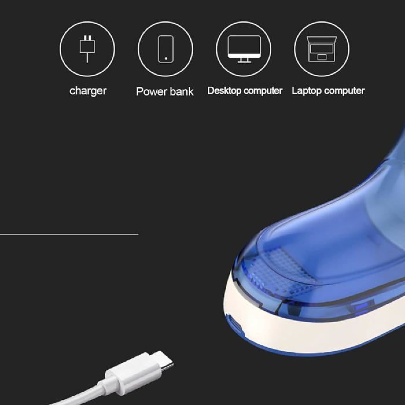Blaues und weißes Gerät mit USB-C-Kabel und Symbolen für Ladegerät, Powerbank, Desktop, Laptop.