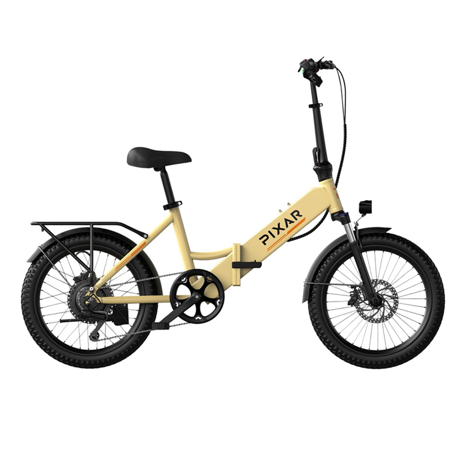 Una bicicleta plegable amarilla clara con neumáticos y llantas negras.