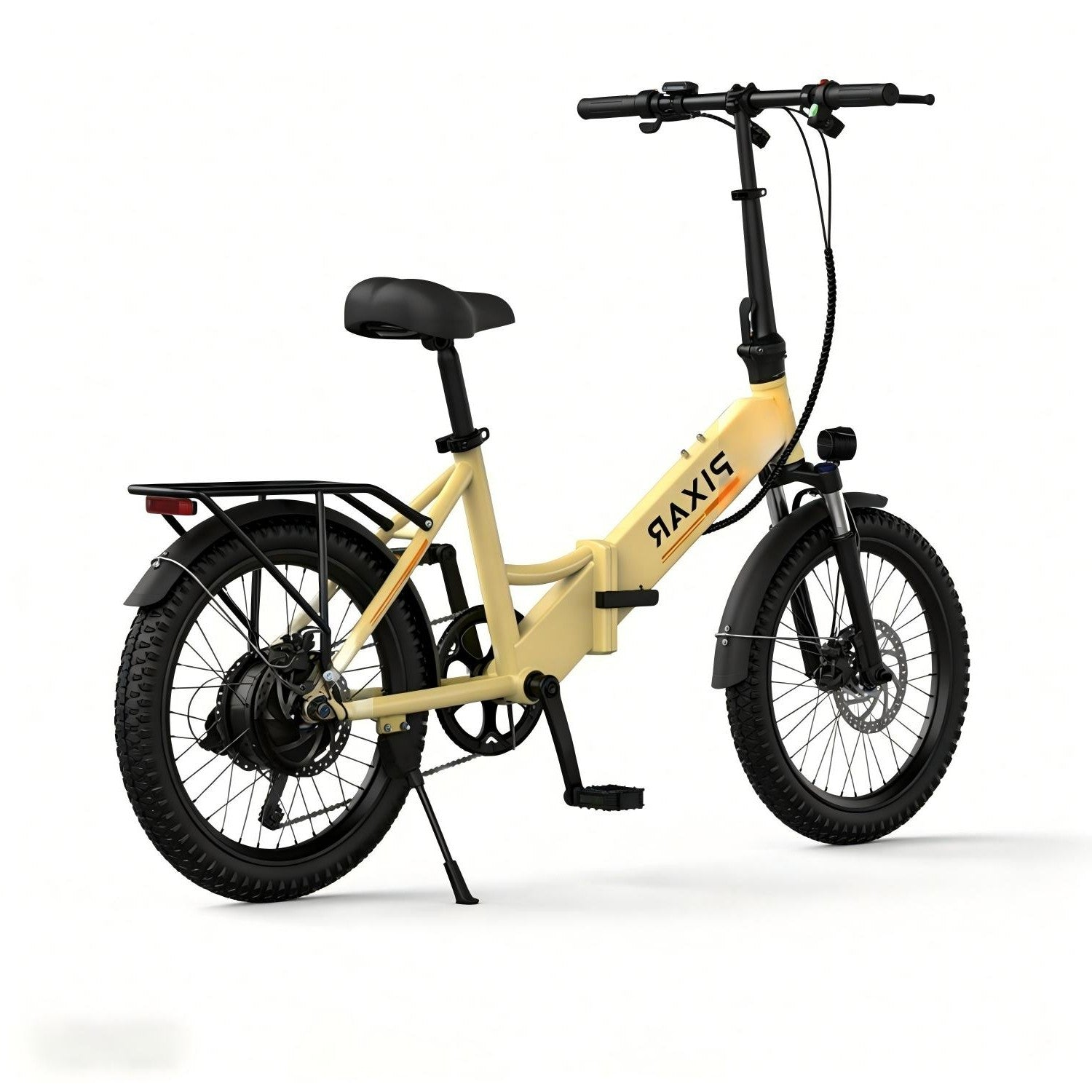 Una bicicleta eléctrica plegable beige claro con neumáticos, sillín y portabultos negros.