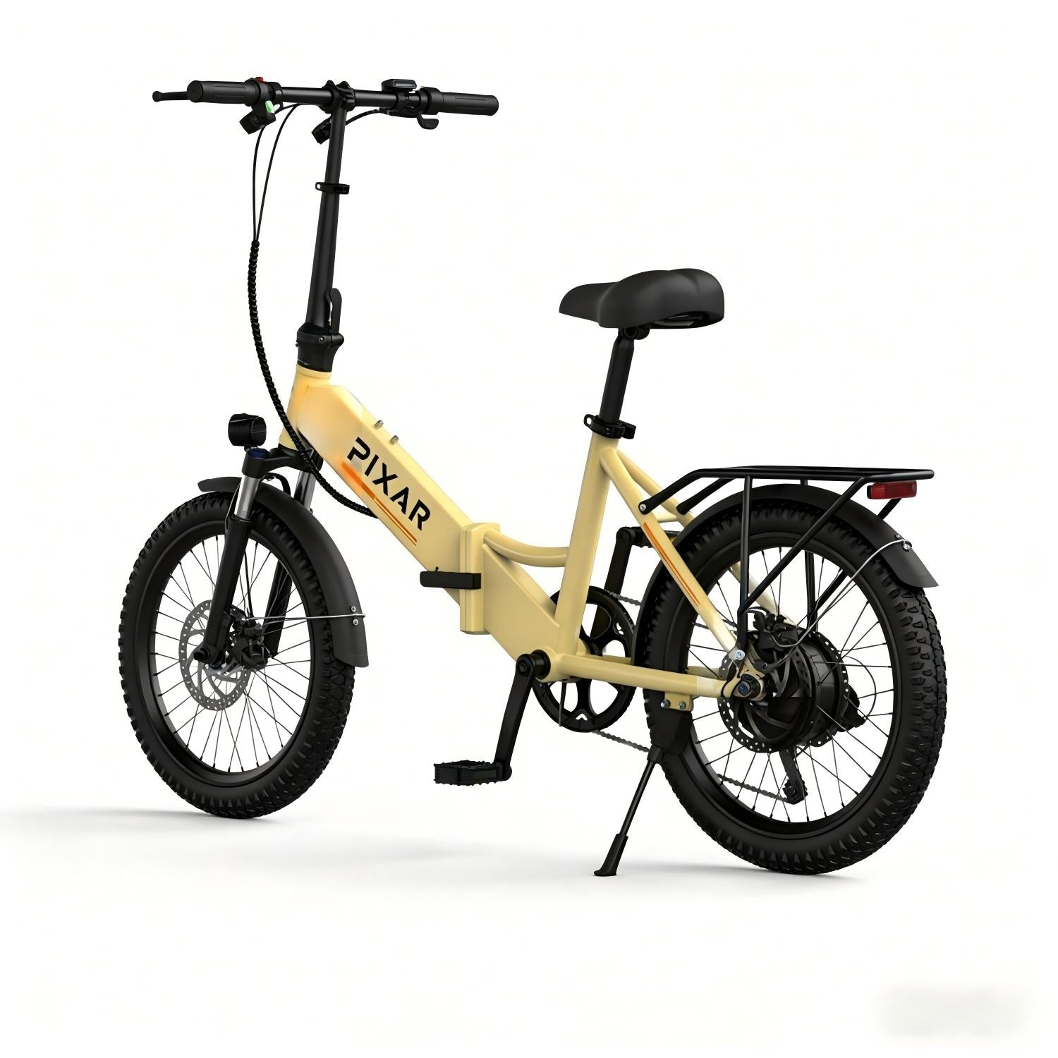 Una bicicleta eléctrica plegable color crema con detalles y neumáticos negros.