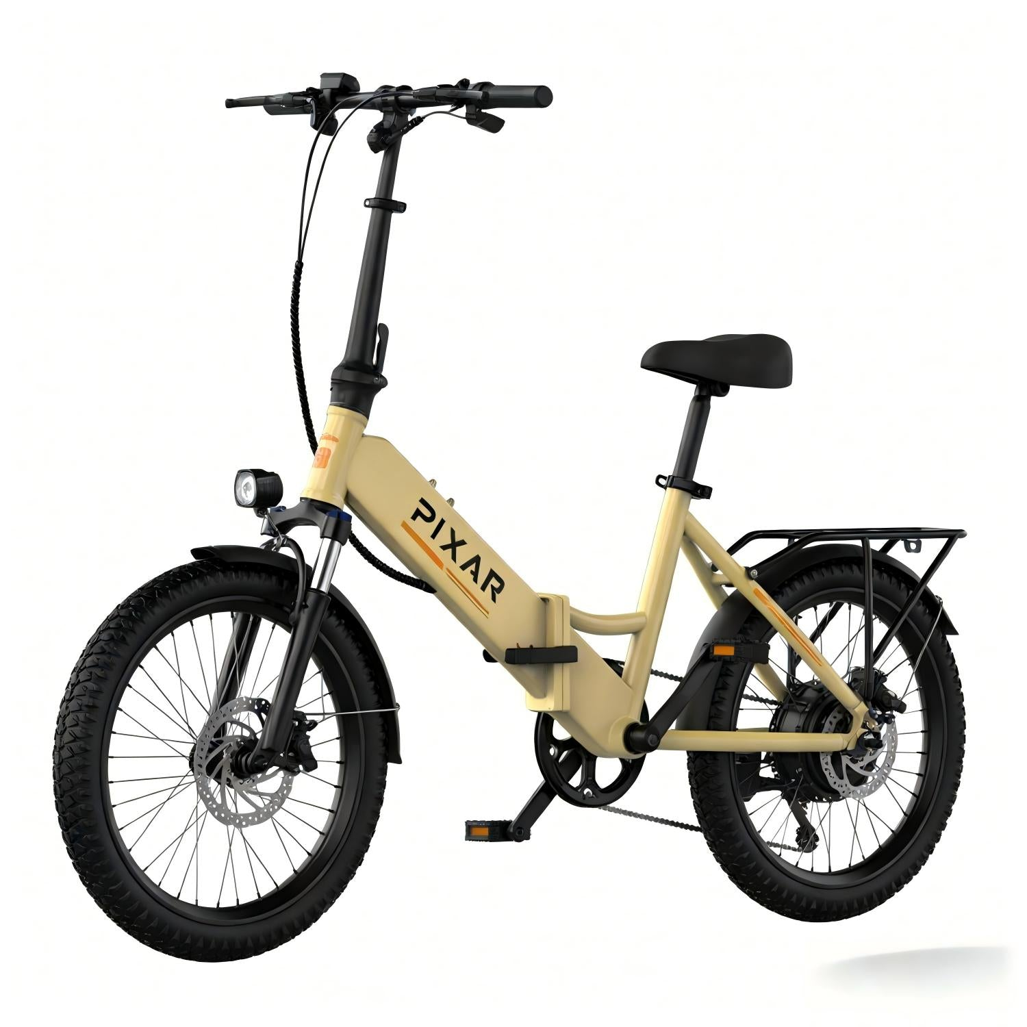 Bicicleta eléctrica plegable beige con llantas negras y portaequipajes.
