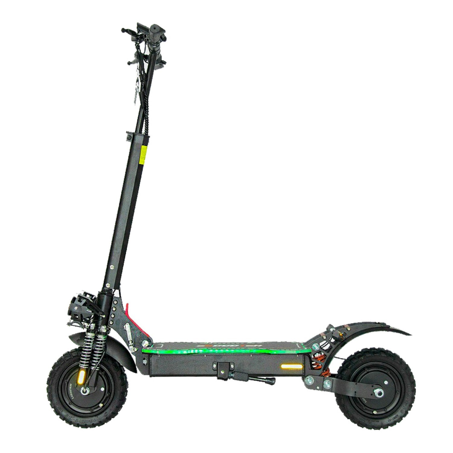 Monopattino elettrico nero con ruote grandi, manubrio e luci LED.