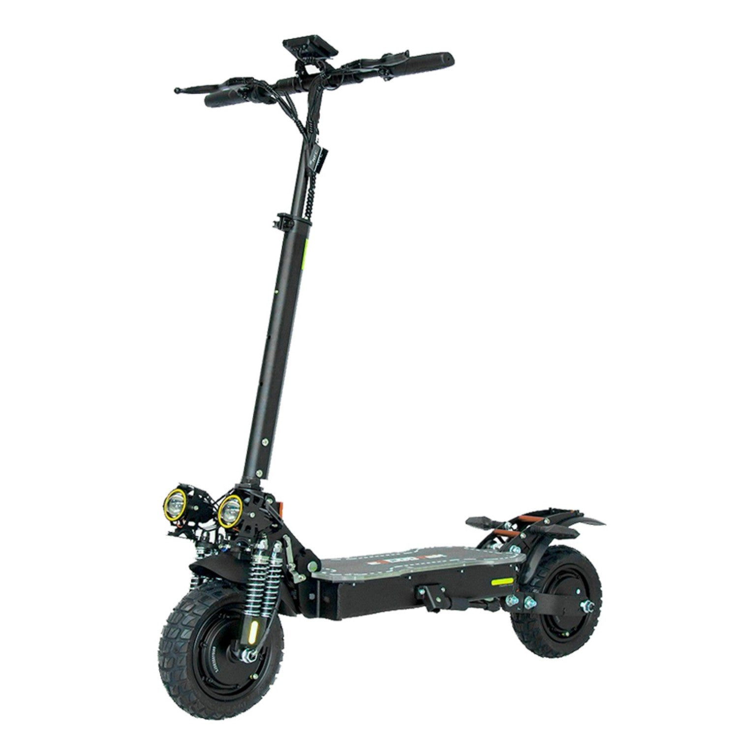 Uno scooter elettrico nero con due fari e pneumatici larghi.