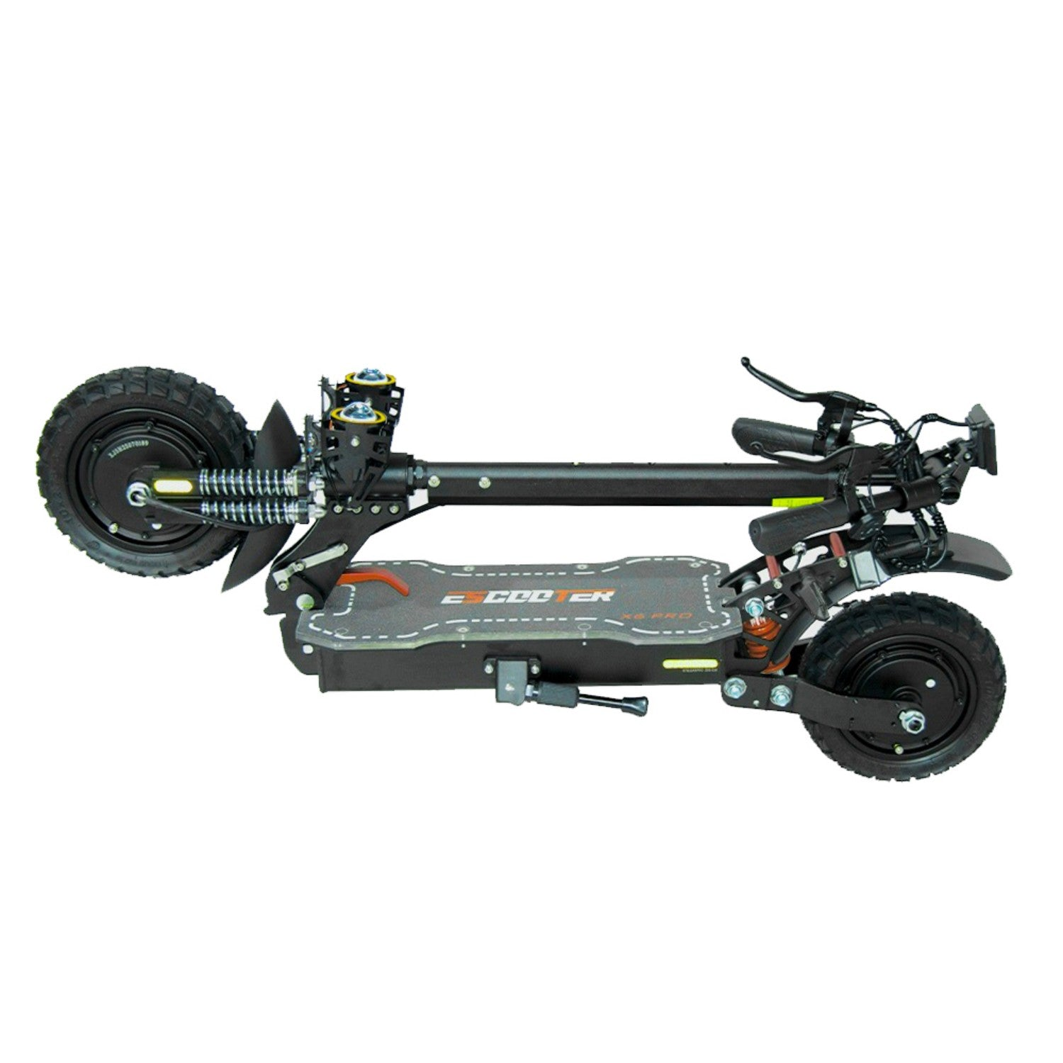 Monopattino elettrico nero con ruote grandi, sospensioni e manubrio.