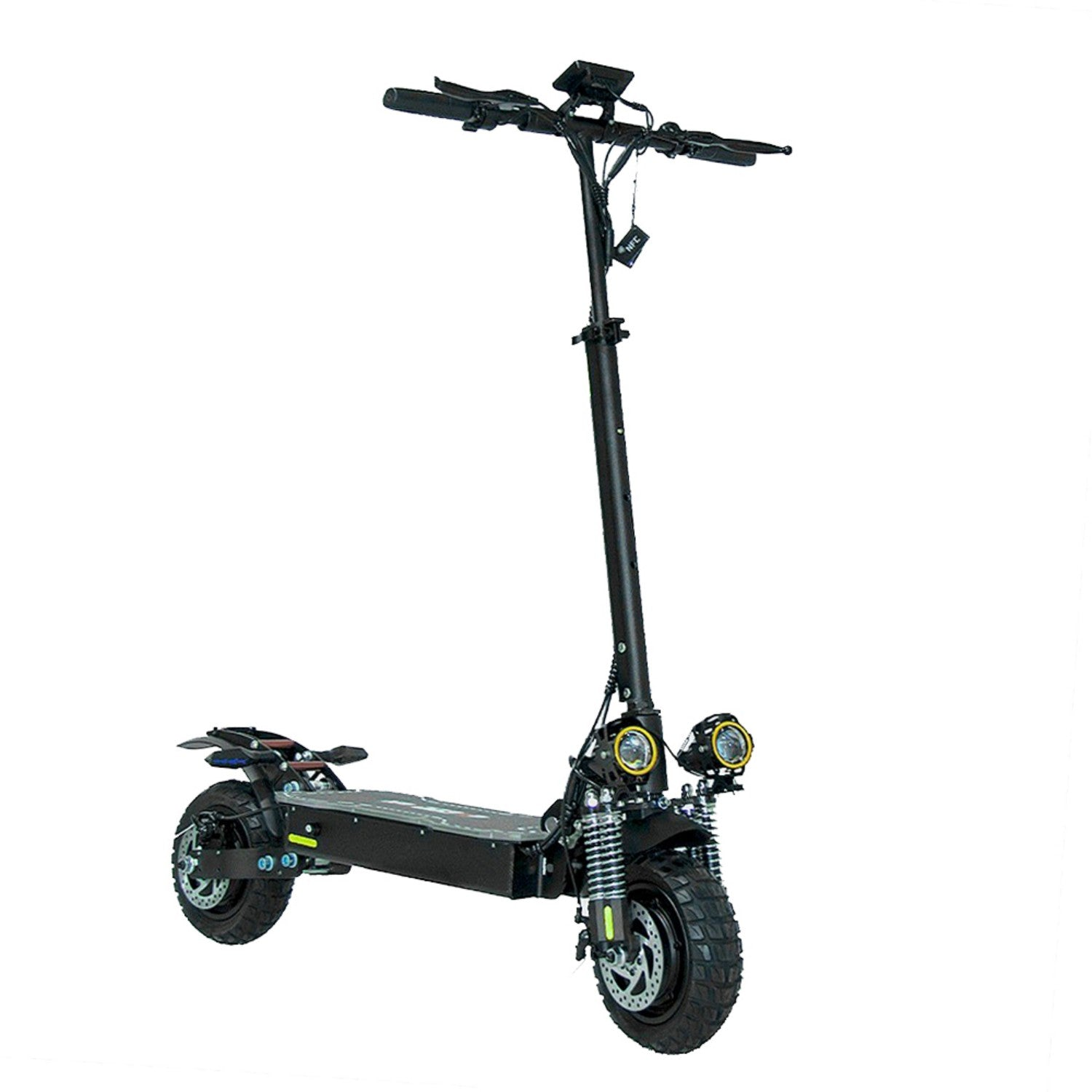Uno scooter elettrico nero con due fari e pneumatici spessi.