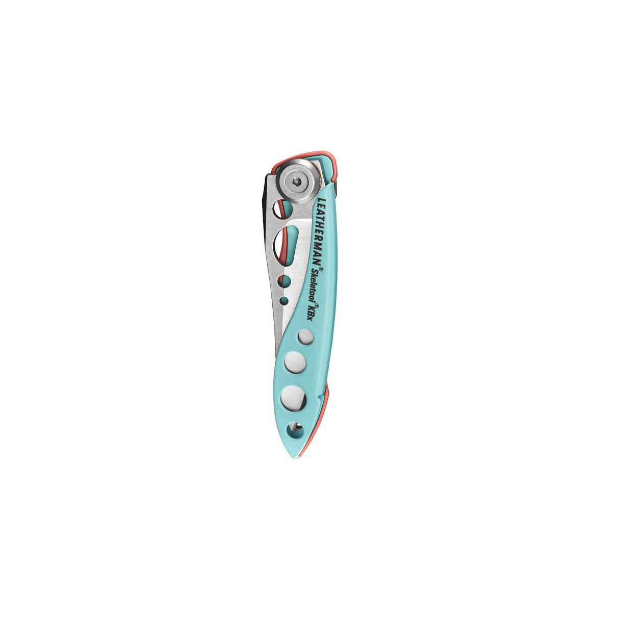 Ein Leatherman Skeletor IBX Multitool in Türkis und Silber mit roten Akzenten.