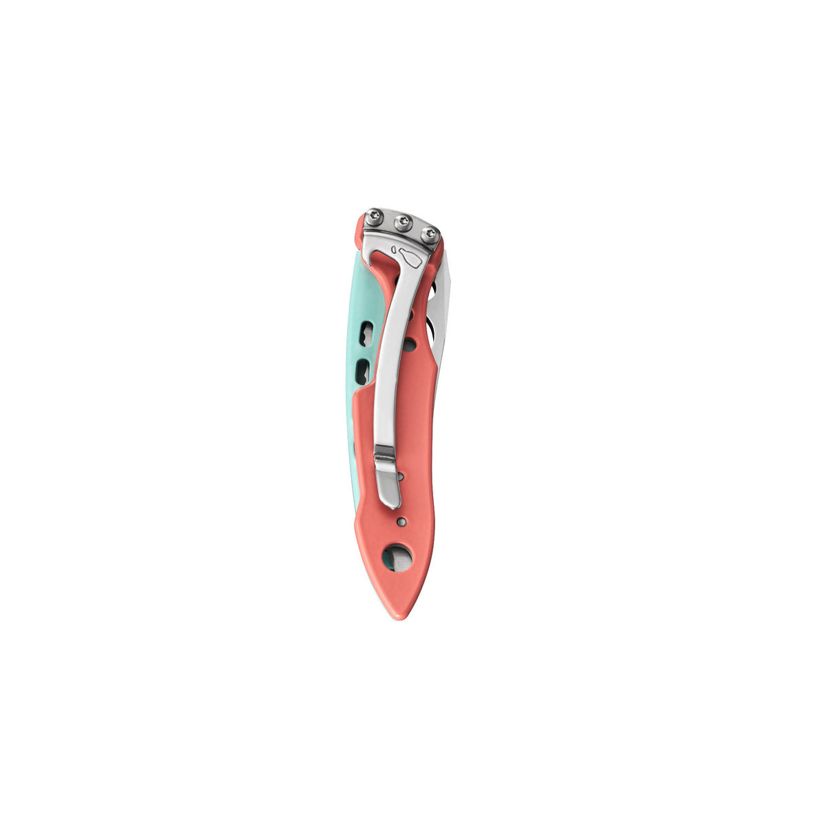 Ein geschlossenes Taschenmesser mit Korallen- und Türkisgriff und silbernem Clip.
