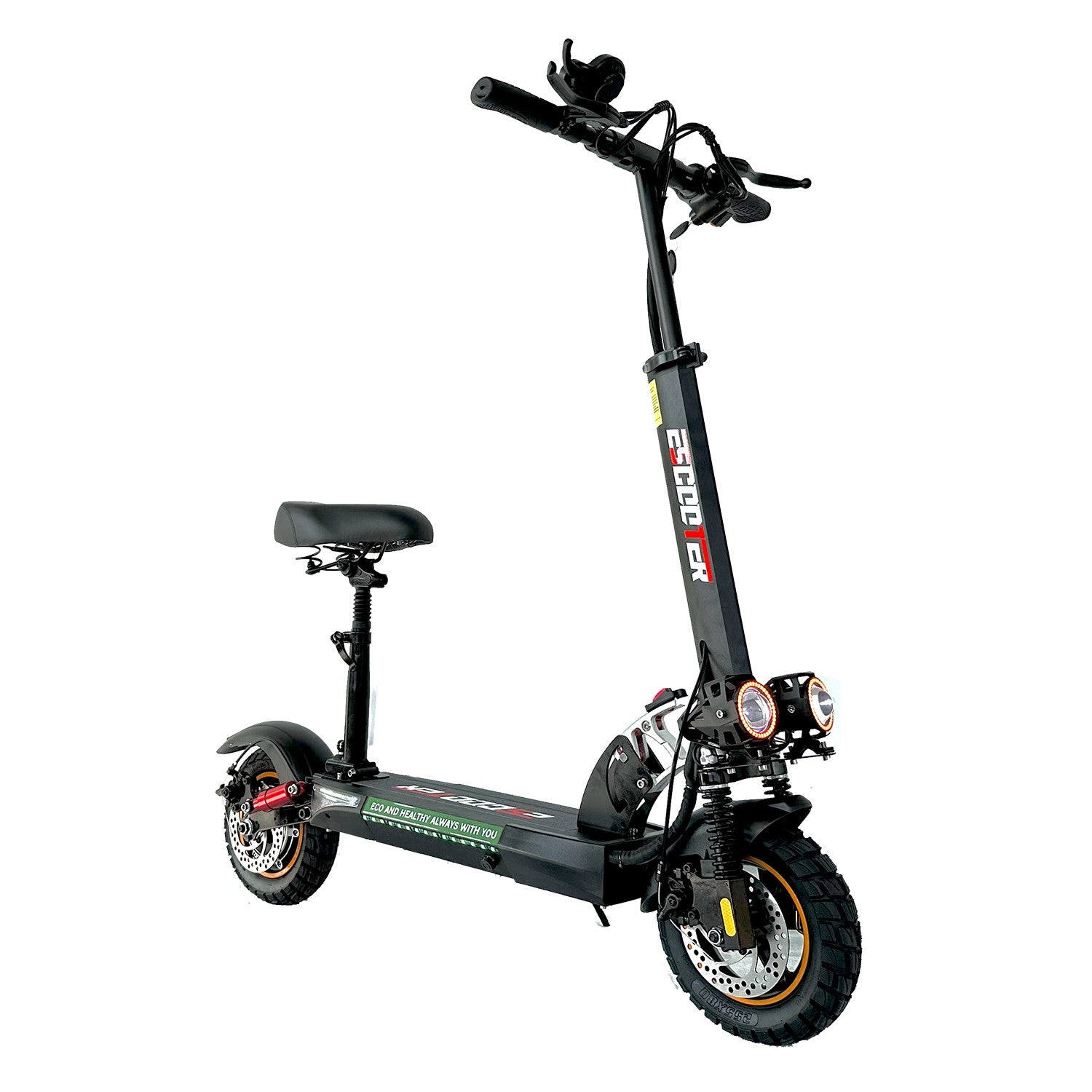 Uno scooter elettrico nero con sedile, doppio faro e pneumatici robusti.