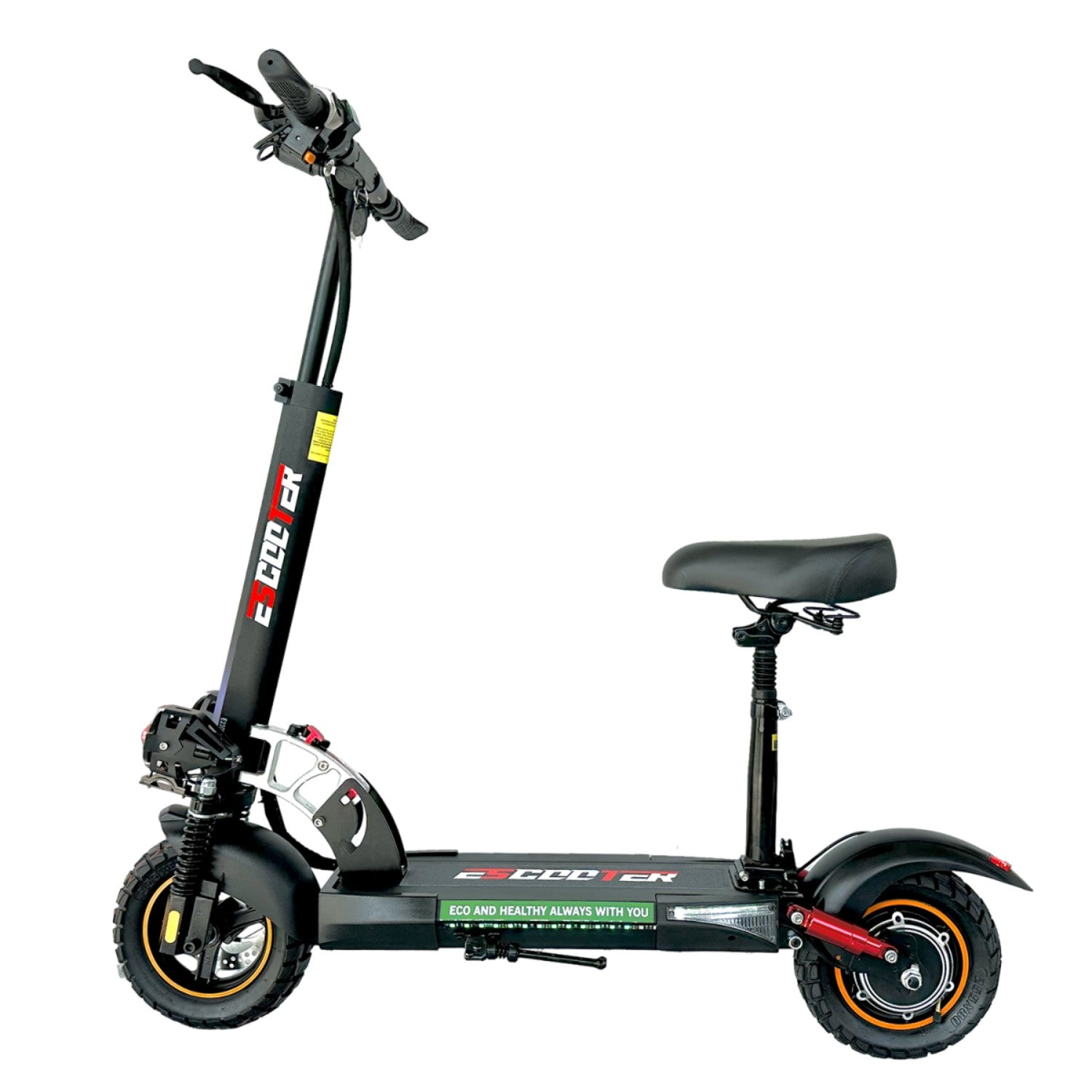 Un monopattino elettrico nero con sedile e manubrio su sfondo bianco.