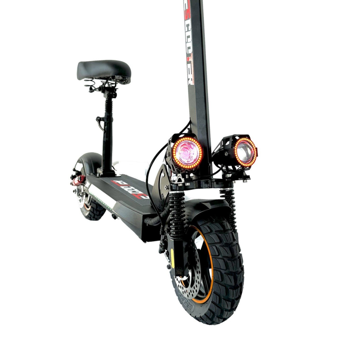 Uno scooter elettrico nero con due fari e un sedile.