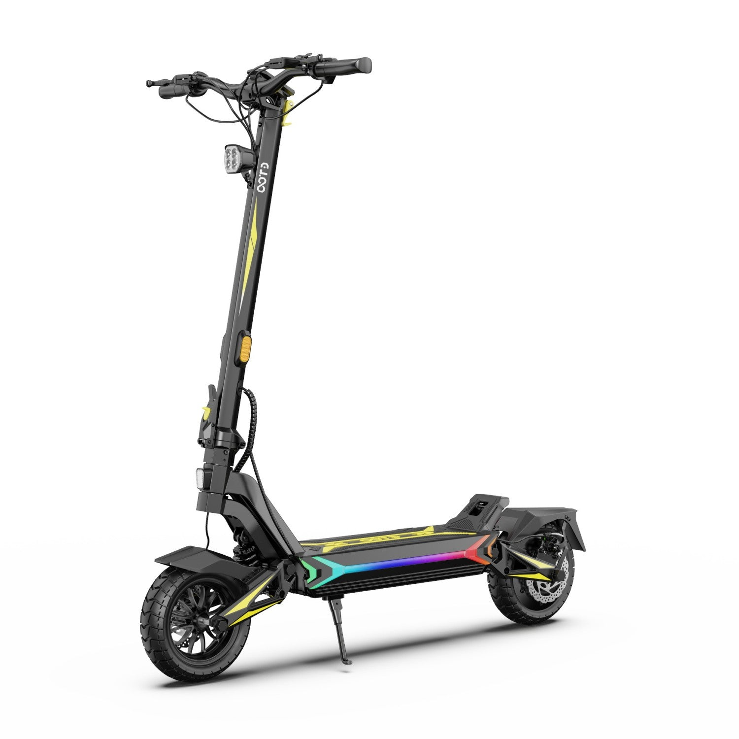 Uno scooter elettrico nero con accenti gialli e luci LED colorate sul piano.
