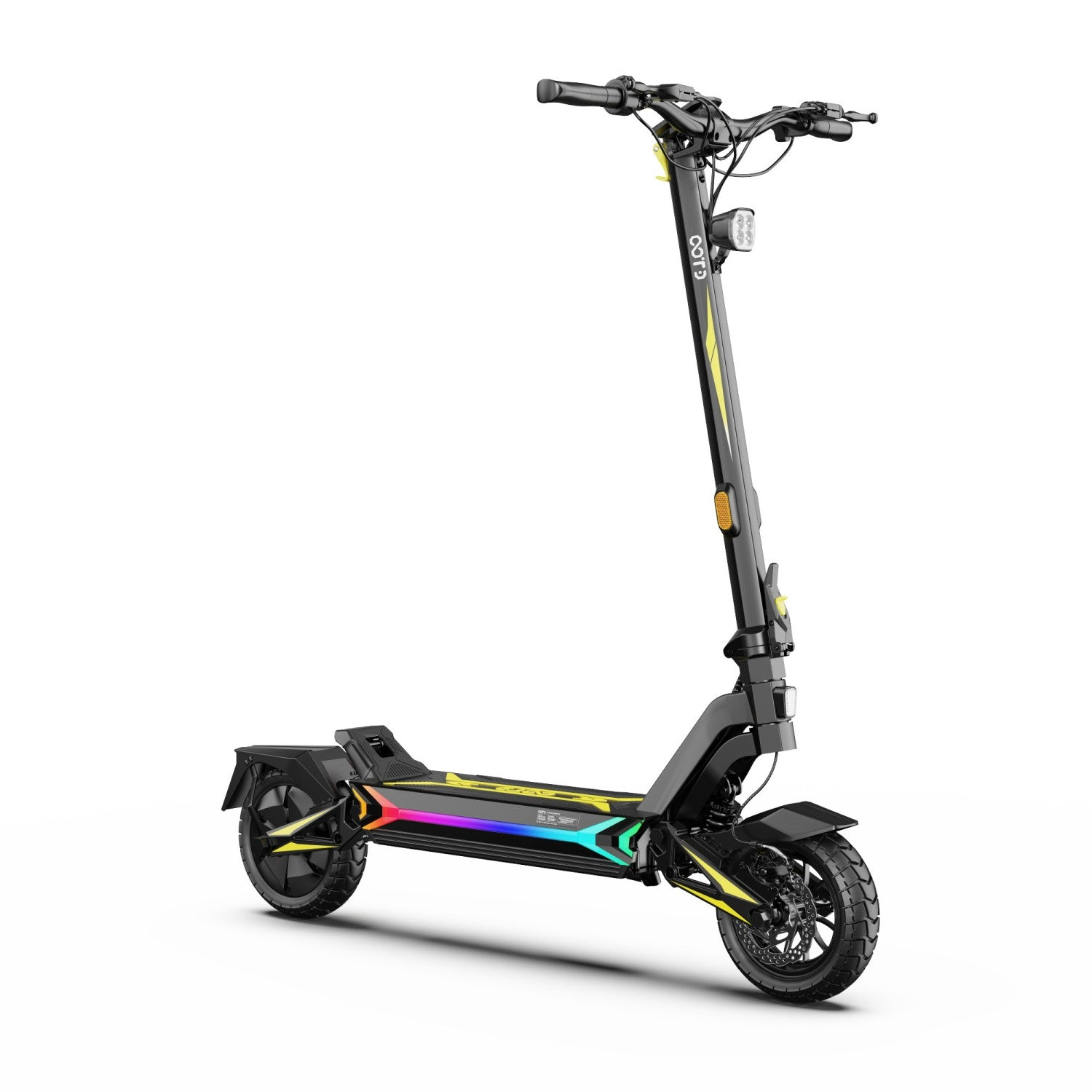 Uno scooter elettrico nero con luci colorate e accenti gialli.